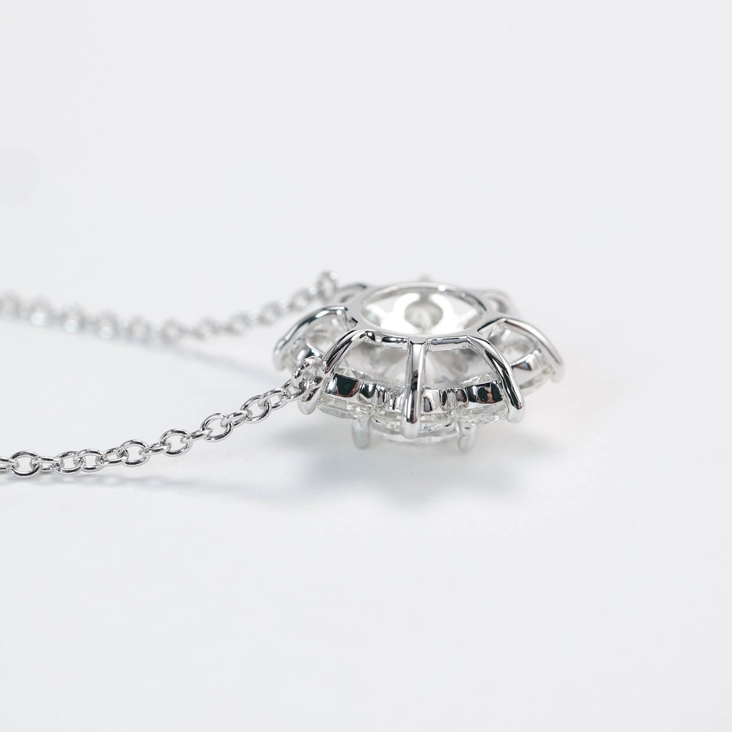 Micro-setting round brilliant cut lab created stones Sunflower necklace, sterling silver.