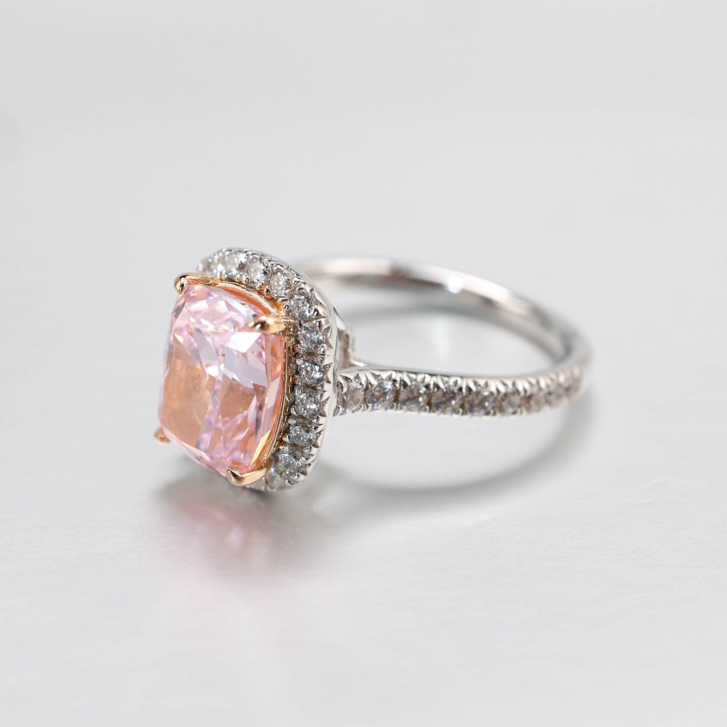 Micro-setting Light Pink diamond color Lab created stones Rectangular double platting ring, sterling silver.