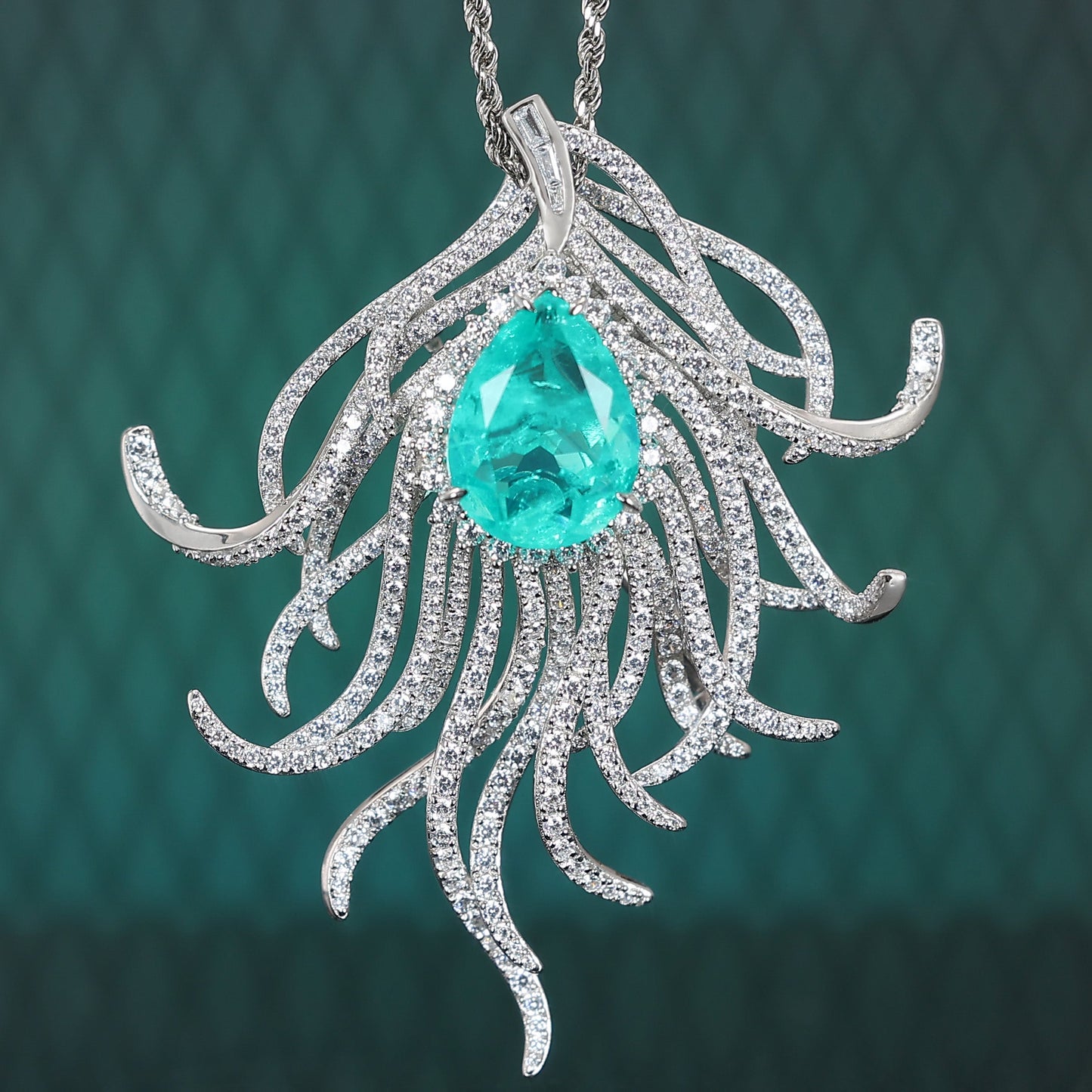 Micro-setting Paraiba color lab created stones Aurora feather multi-purpose pendant and brooch, sterling silver.