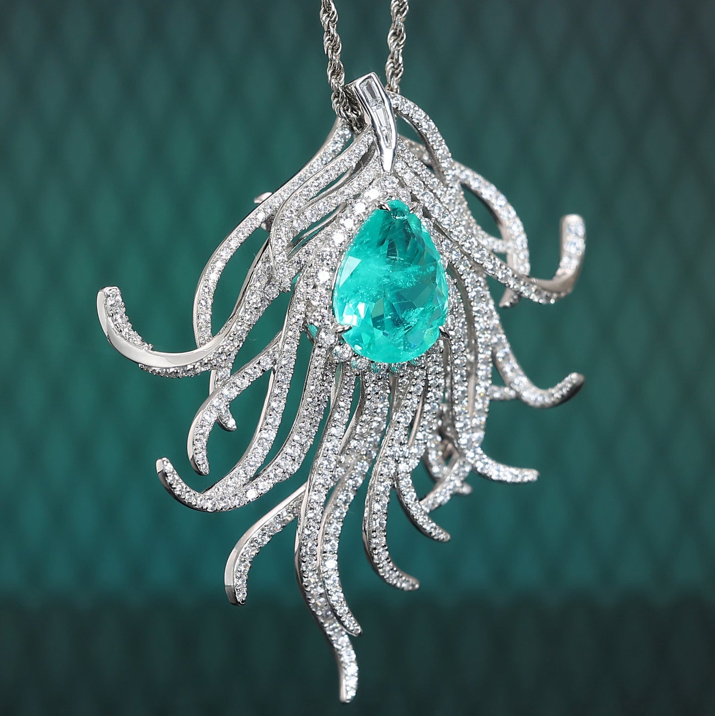 Micro-setting Paraiba color lab created stones Aurora feather multi-purpose pendant and brooch, sterling silver.