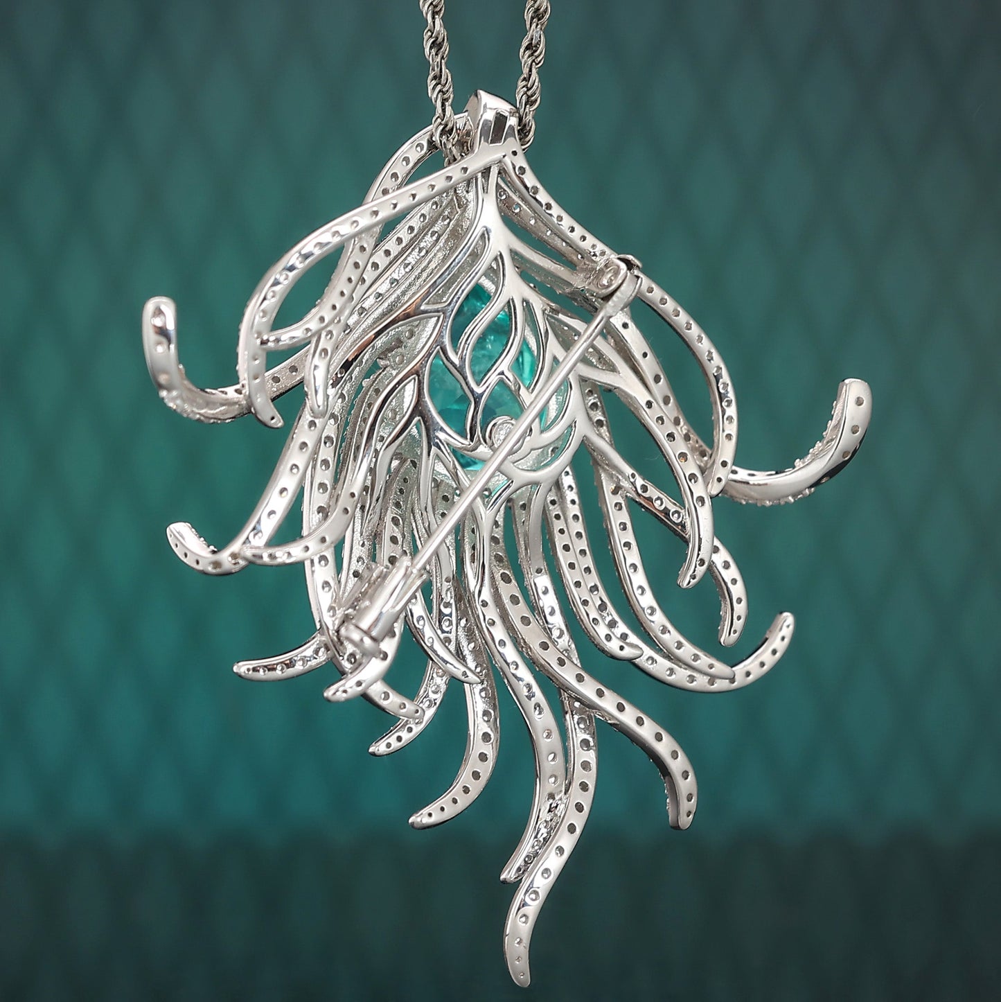 Micro-setting Paraiba color lab created stones Aurora feather multi-purpose pendant and brooch, sterling silver.