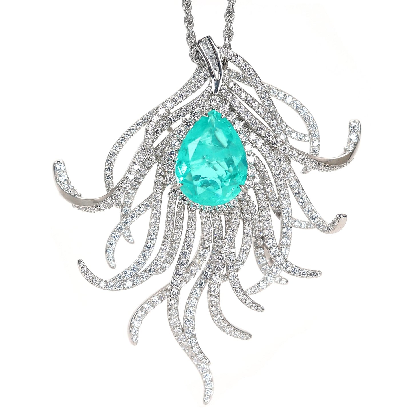 Micro-setting Paraiba color lab created stones Aurora feather multi-purpose pendant and brooch, sterling silver.