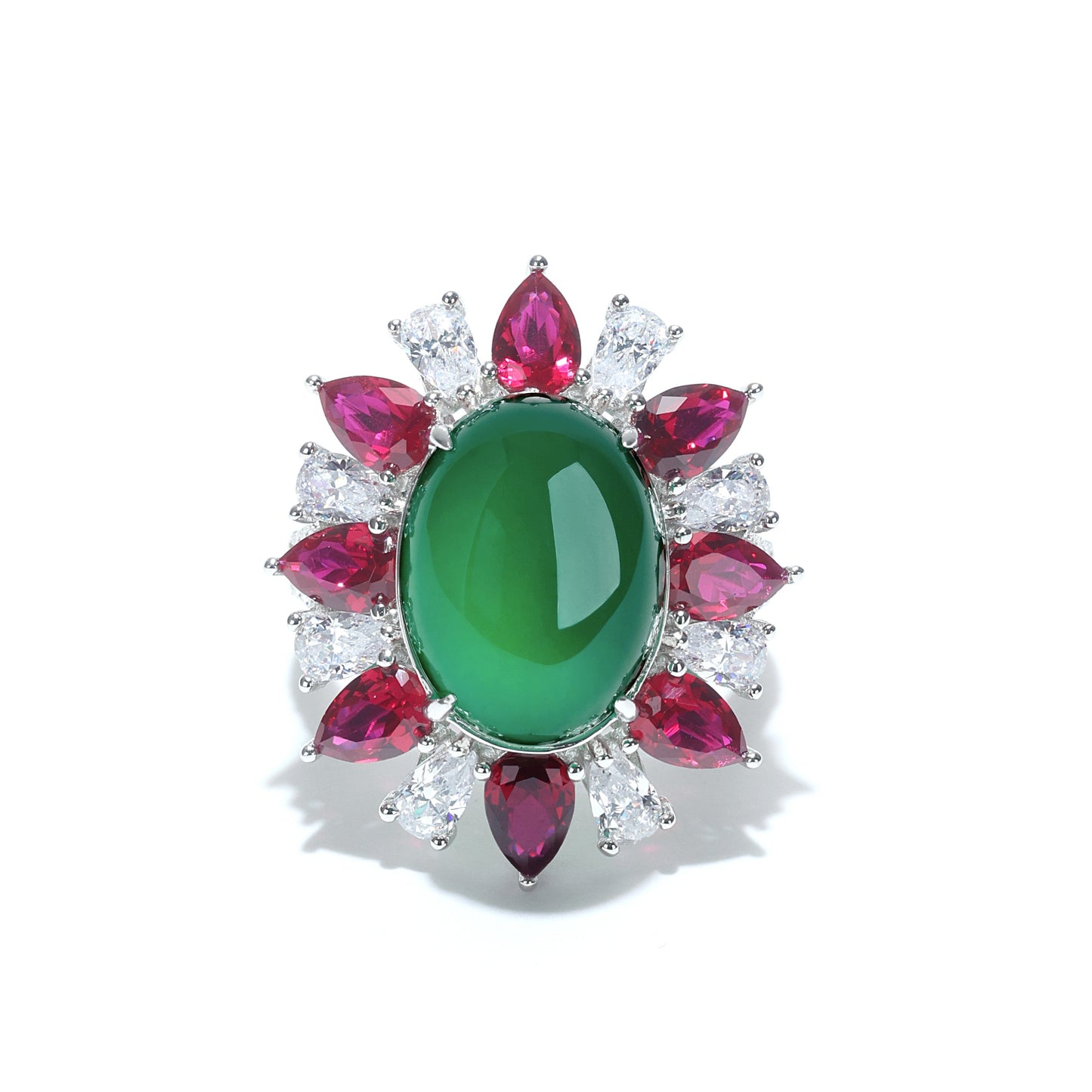 Micro-setting Jade and Ruby color Lab created stones Cabochon pigeon egg ring, sterling silver