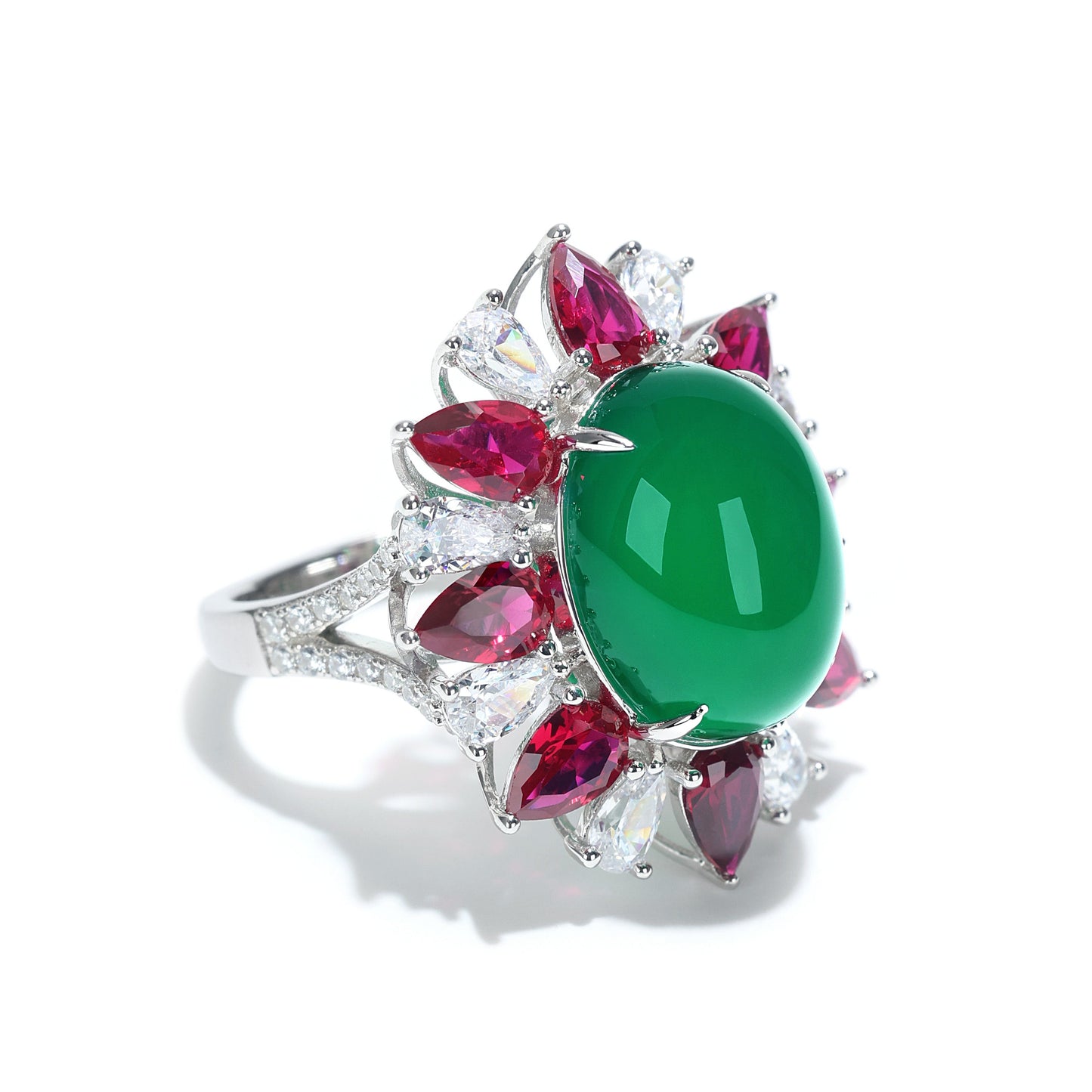 Micro-setting Jade and Ruby color Lab created stones Cabochon pigeon egg ring, sterling silver