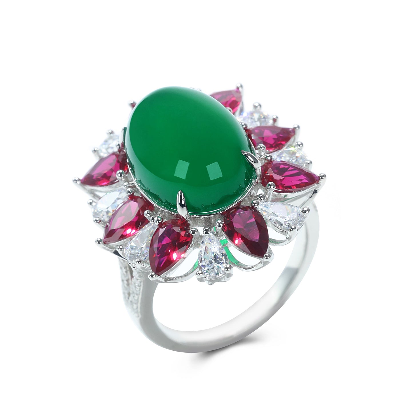 Micro-setting Jade and Ruby color Lab created stones Cabochon pigeon egg ring, sterling silver