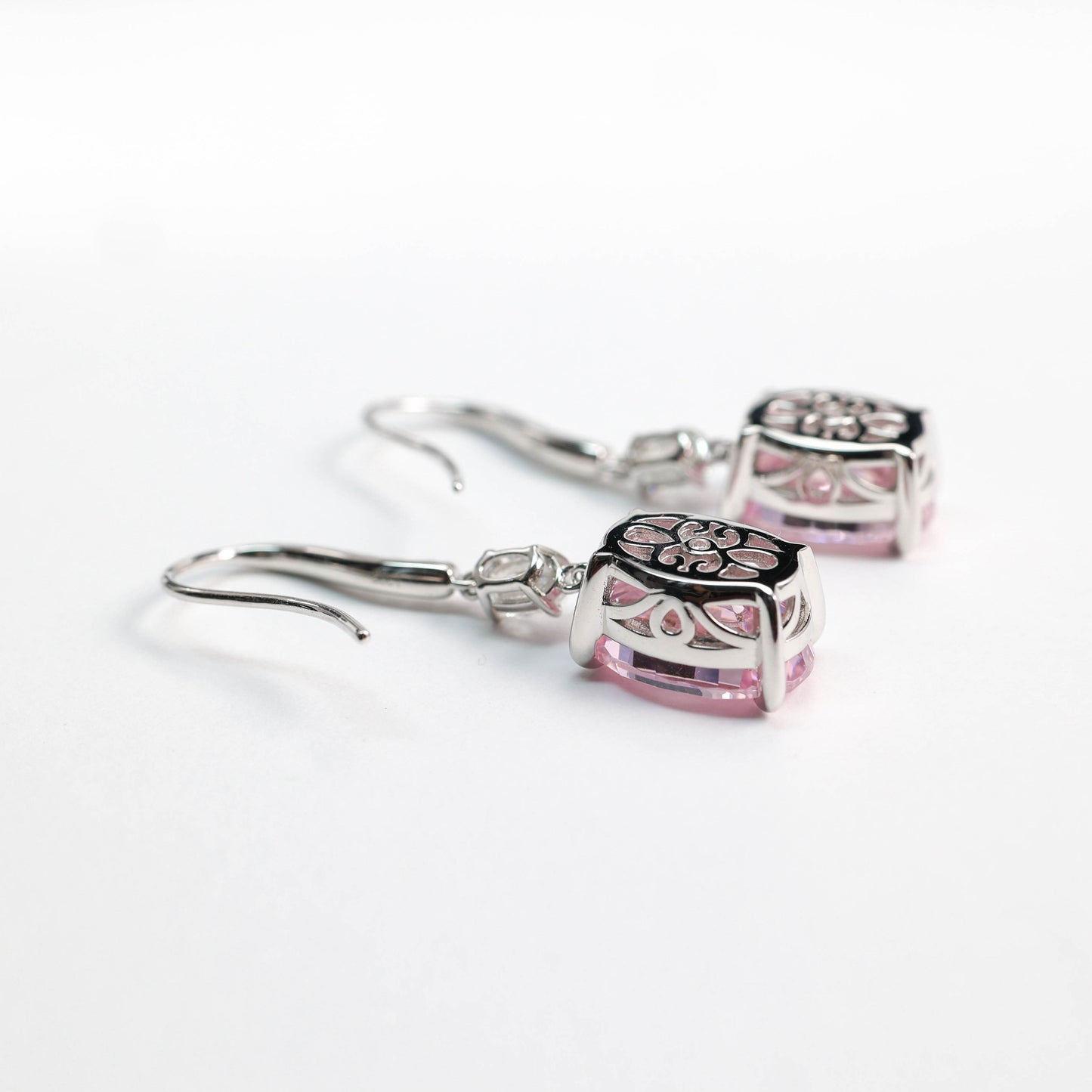 Micro-setting pink diamond color Lab created stones pigeon egg hook earrings, sterling silver