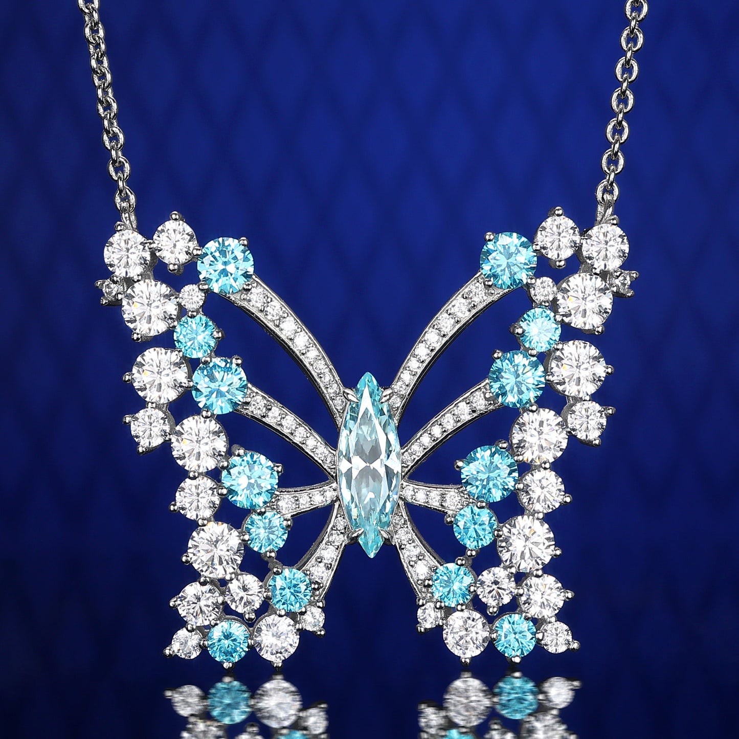 Micro-setting Aquamarine color Lab created stones Dream butterfly necklace, sterling silver