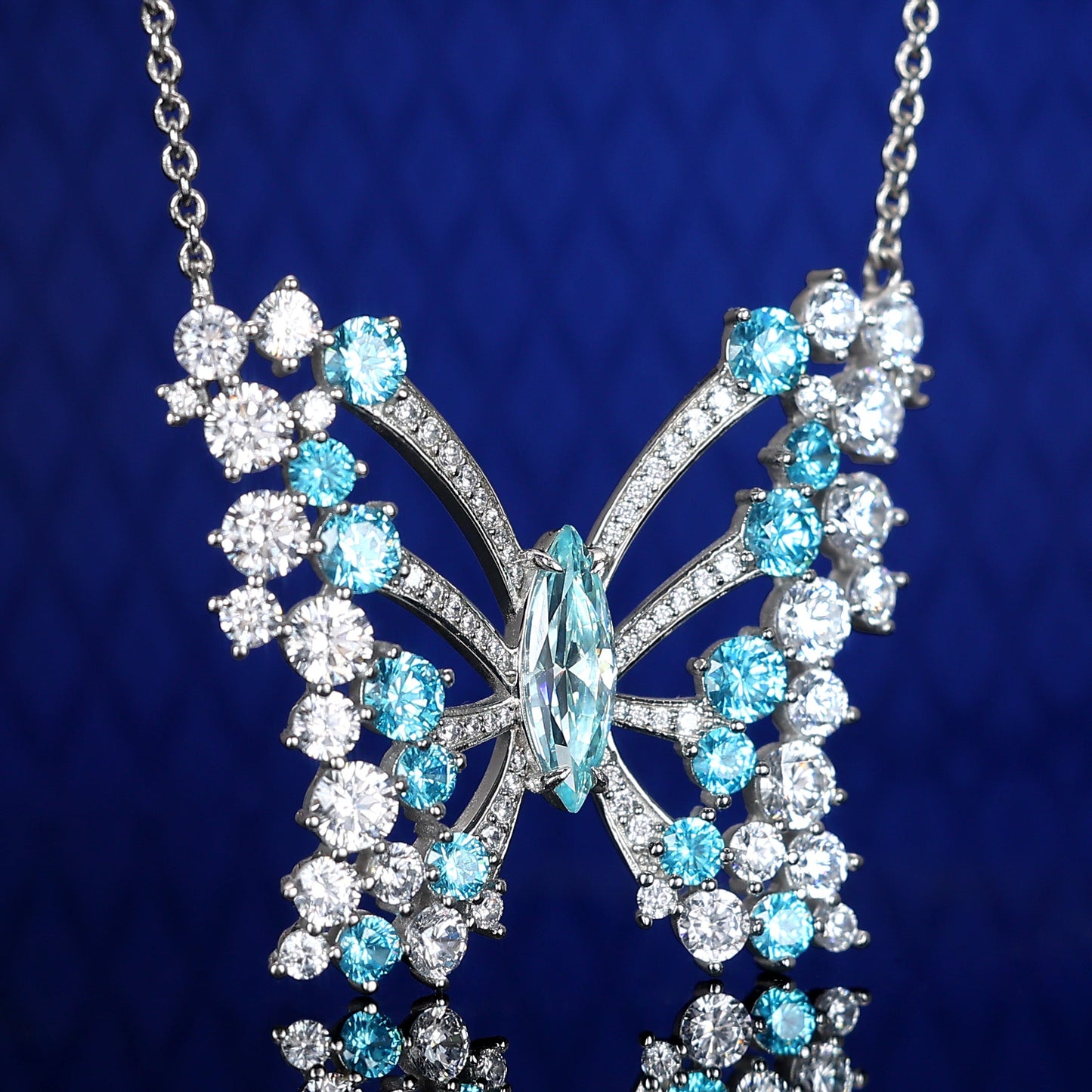 Micro-setting Aquamarine color Lab created stones Dream butterfly necklace, sterling silver