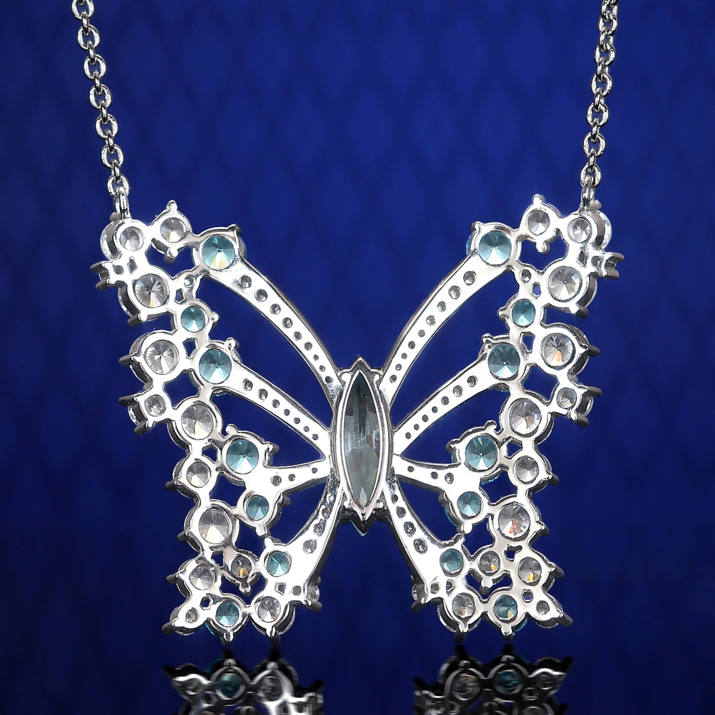 Micro-setting Aquamarine color Lab created stones Dream butterfly necklace, sterling silver