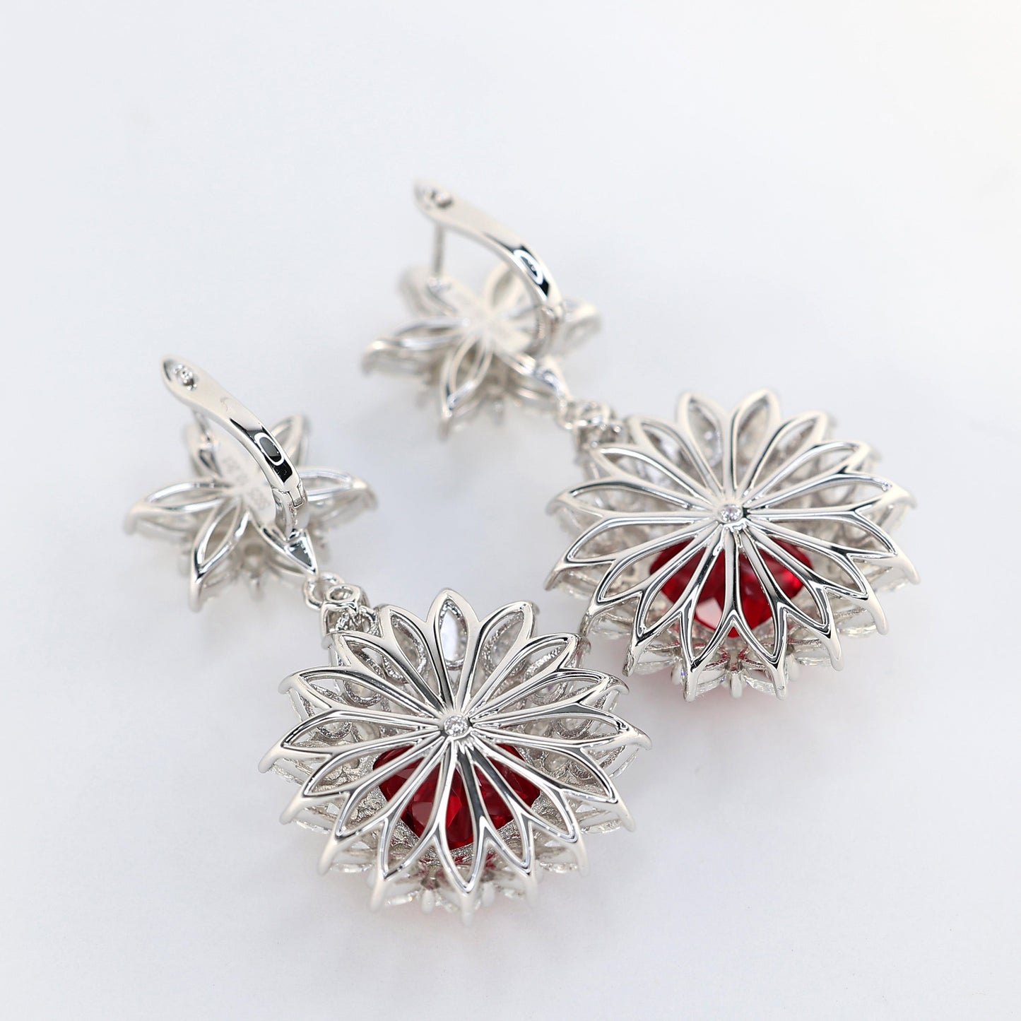 Micro-setting Ruby color Lab created stones Sunflower earrings, sterling silver. (22 carat)