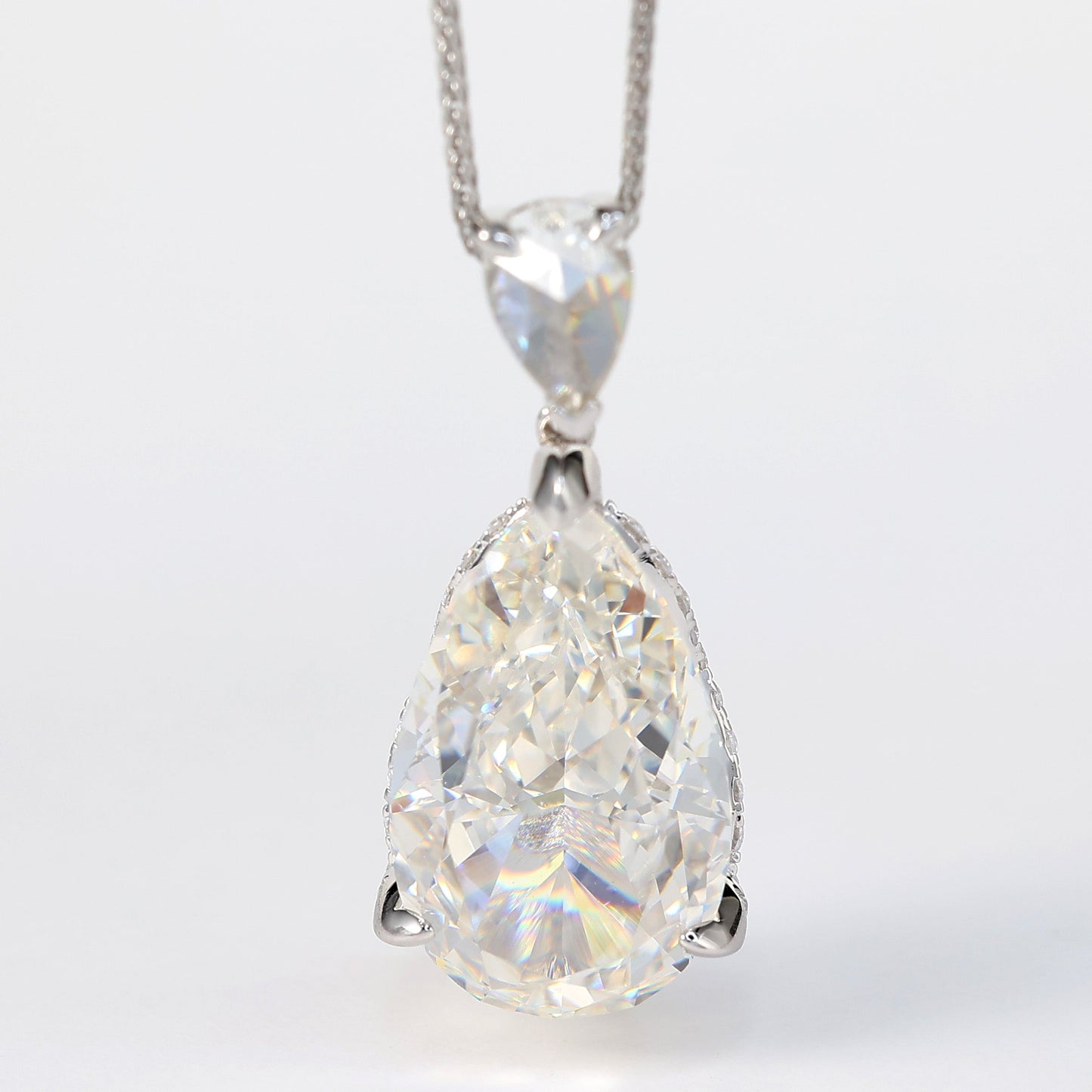 Micro-setting G color waterdrop shape Lab created stones 3 prong necklace, sterling silver