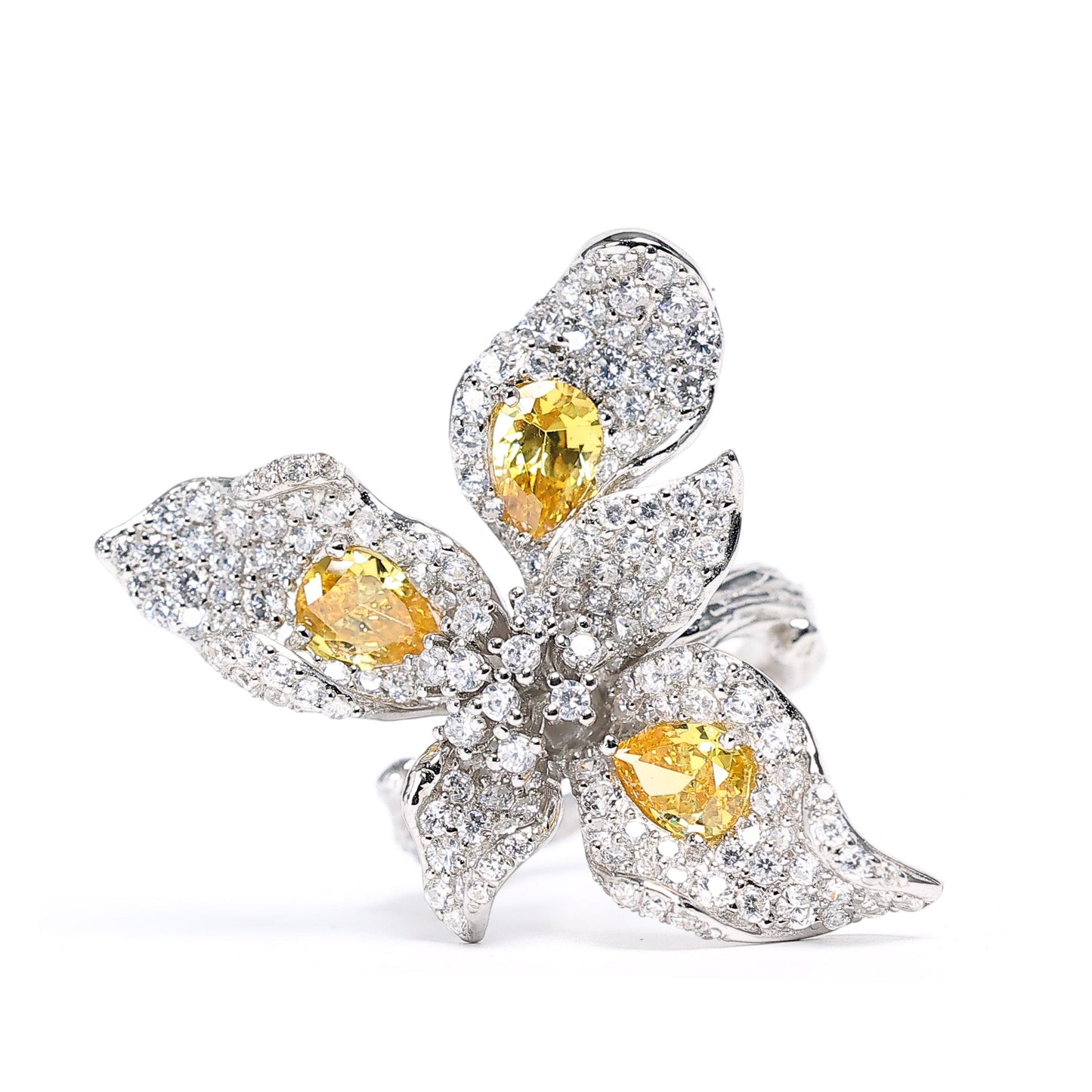 Micro-setting Yellow color mixed stones 3 petals fancy ring, sterling silver