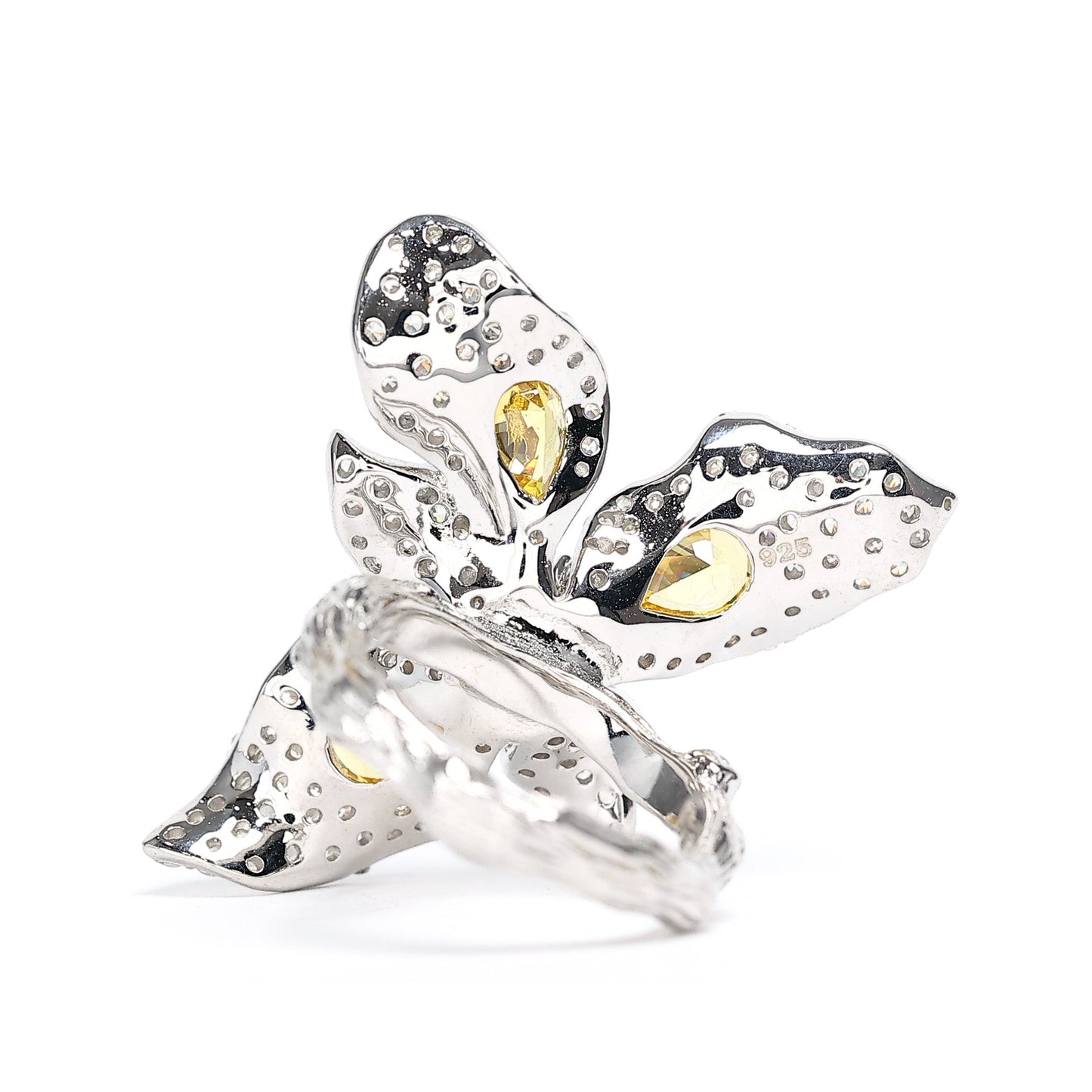 Micro-setting Yellow color mixed stones 3 petals fancy ring, sterling silver