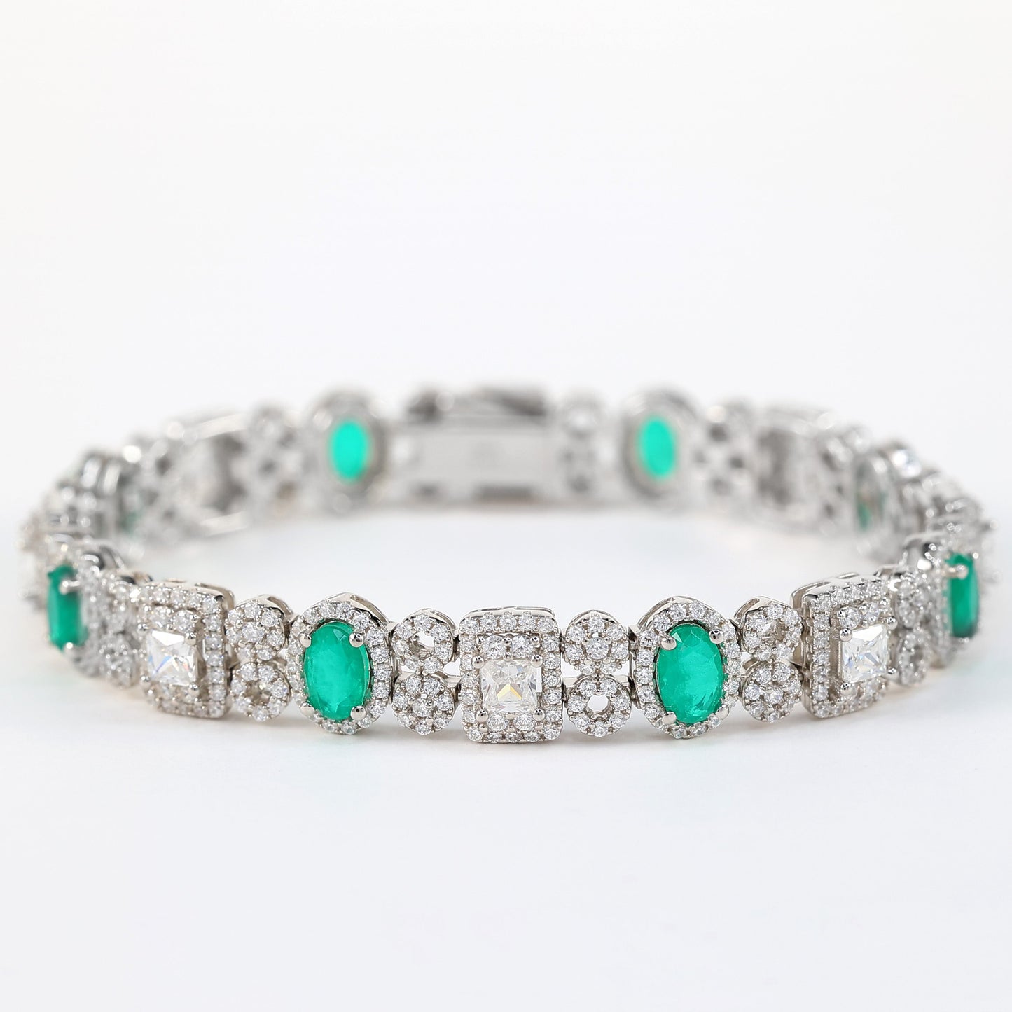 Micro-setting oval shape emerald color fully studded fancy bracelet, sterling silver