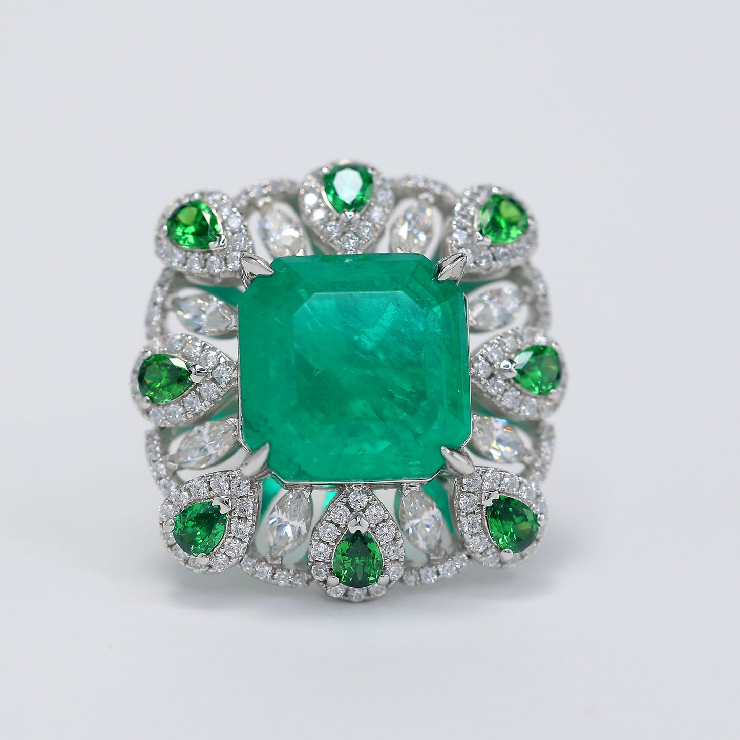 Micro-setting Emerald color square shape Lab created stones peacock tail ring, sterling silver