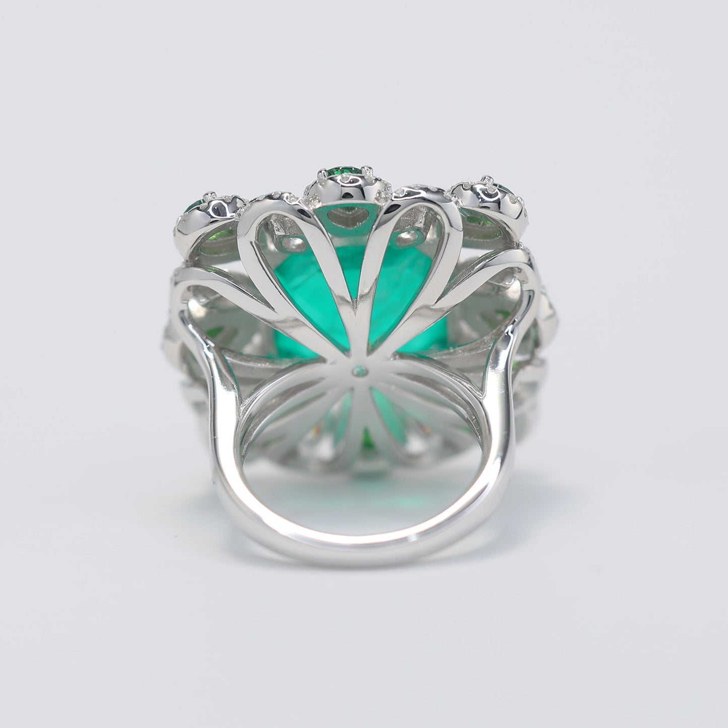 Micro-setting Emerald color square shape Lab created stones peacock tail ring, sterling silver