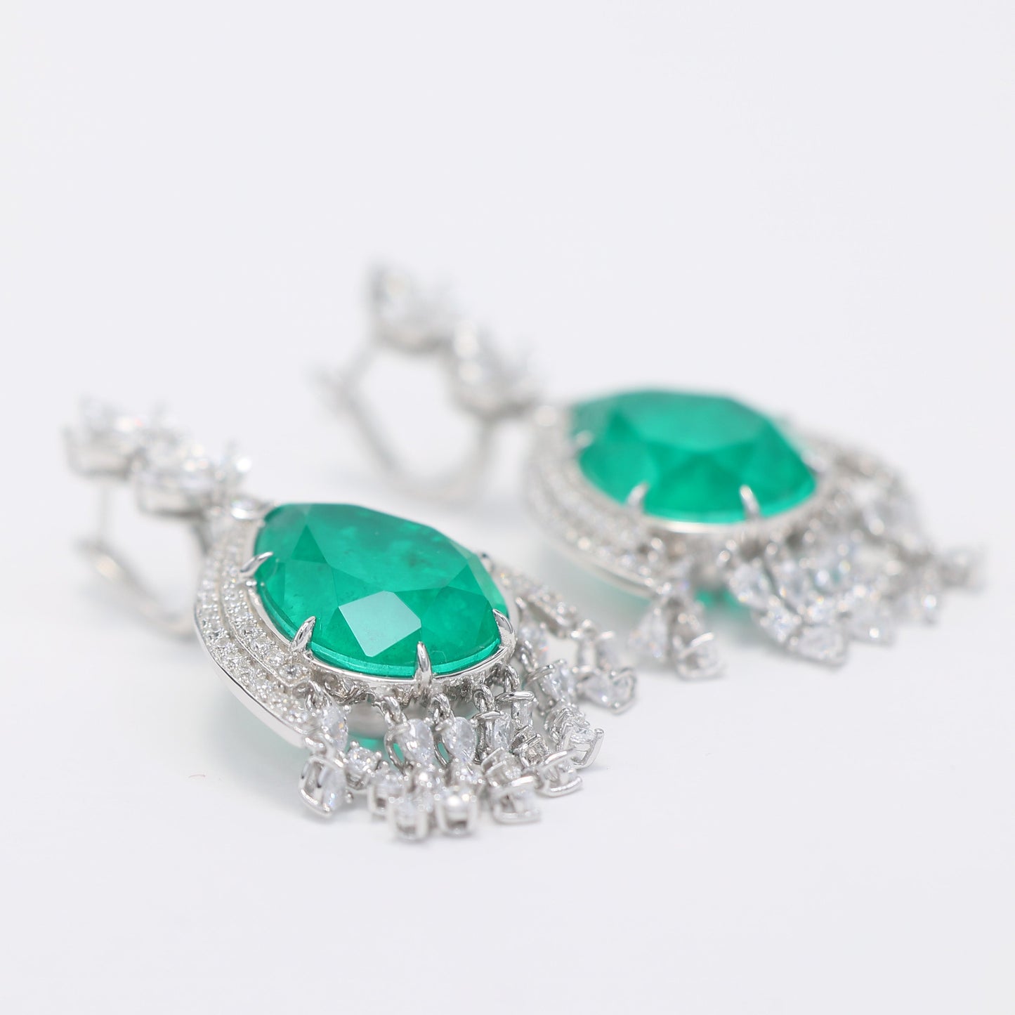 #3030 Micro-setting emerald color fancy waterdrop earrings, sterling silver