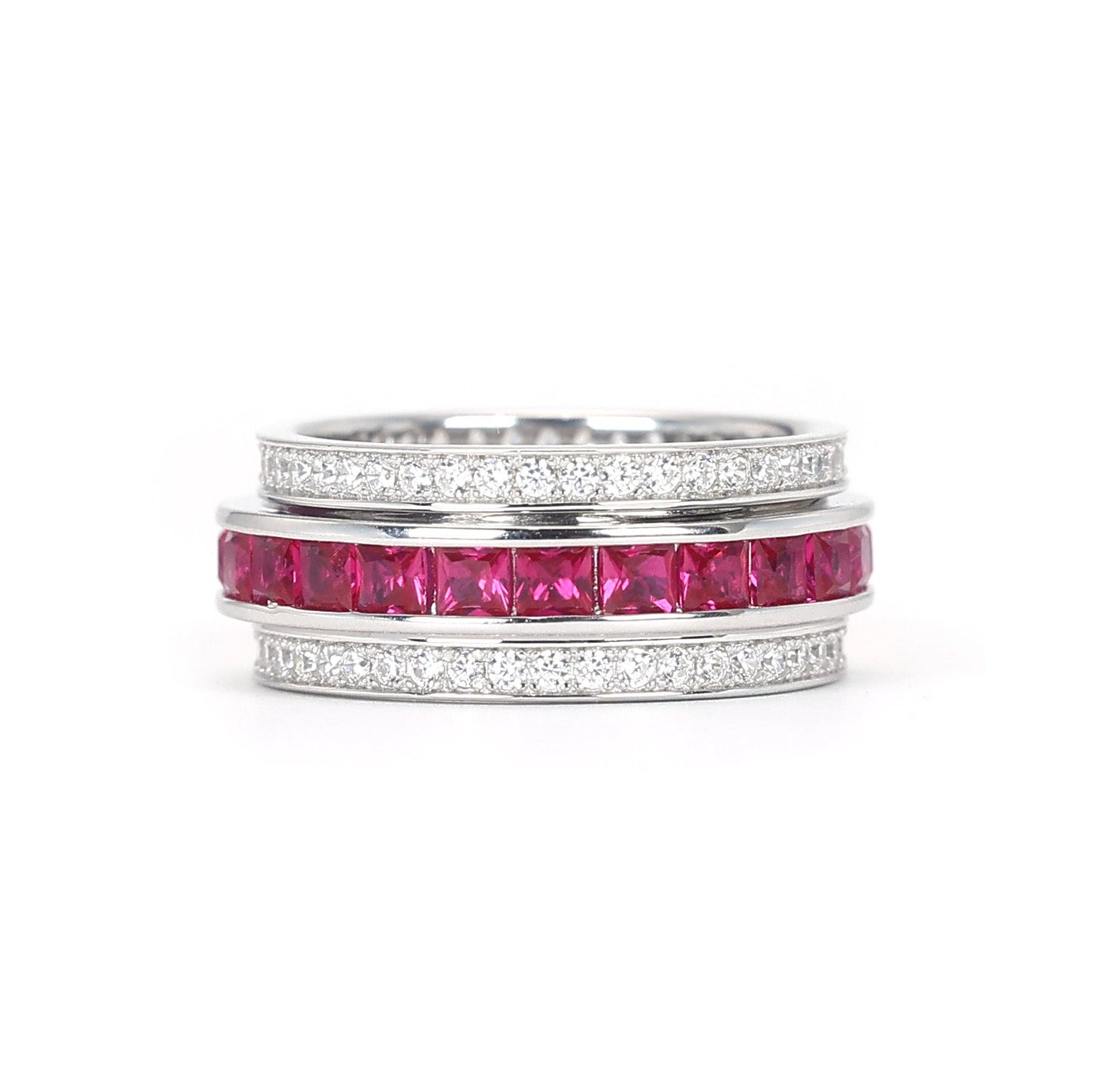 Micro-setting Ruby color invisible setting Lab created stones Fidget Spinner ring, sterling silver
