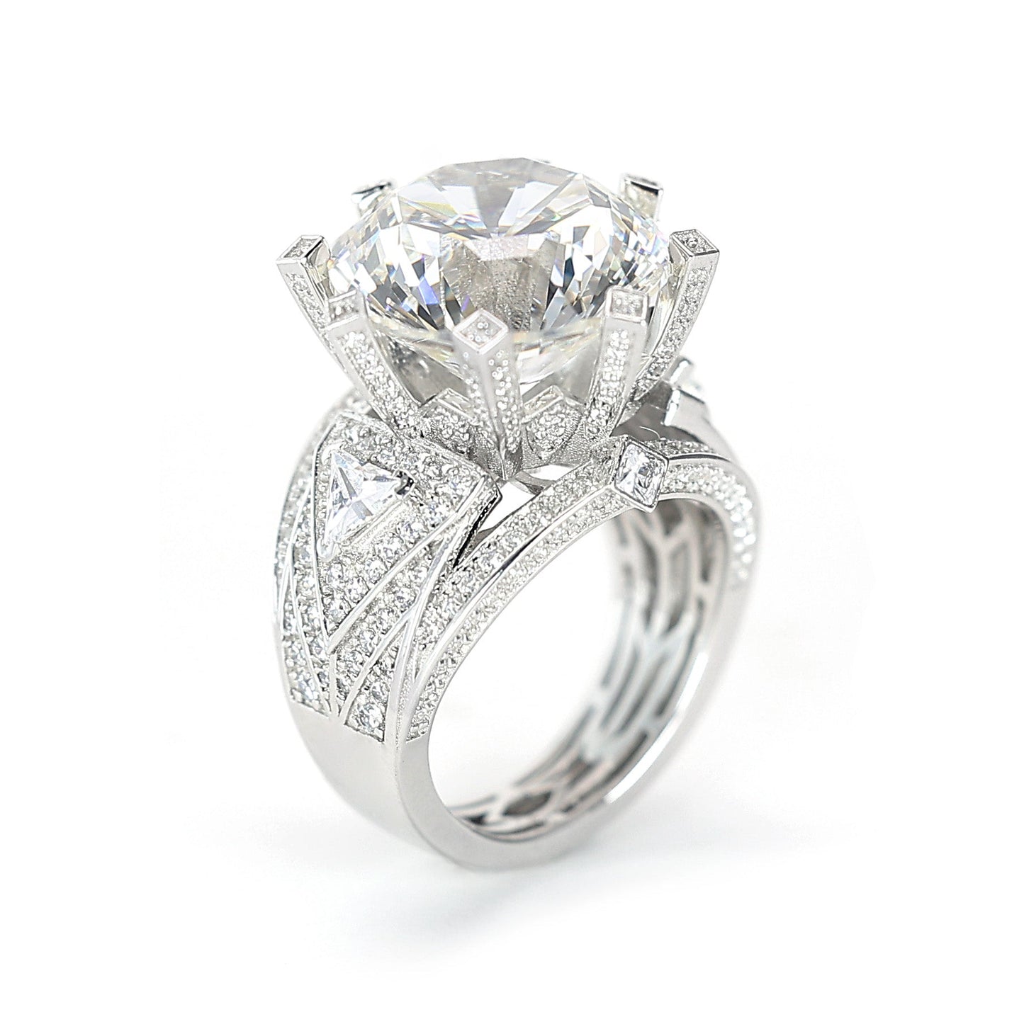 #1271 Micro-setting brilliant diamond color Lab created stones 8 prong Court style ring, sterling silver. (15 carat)