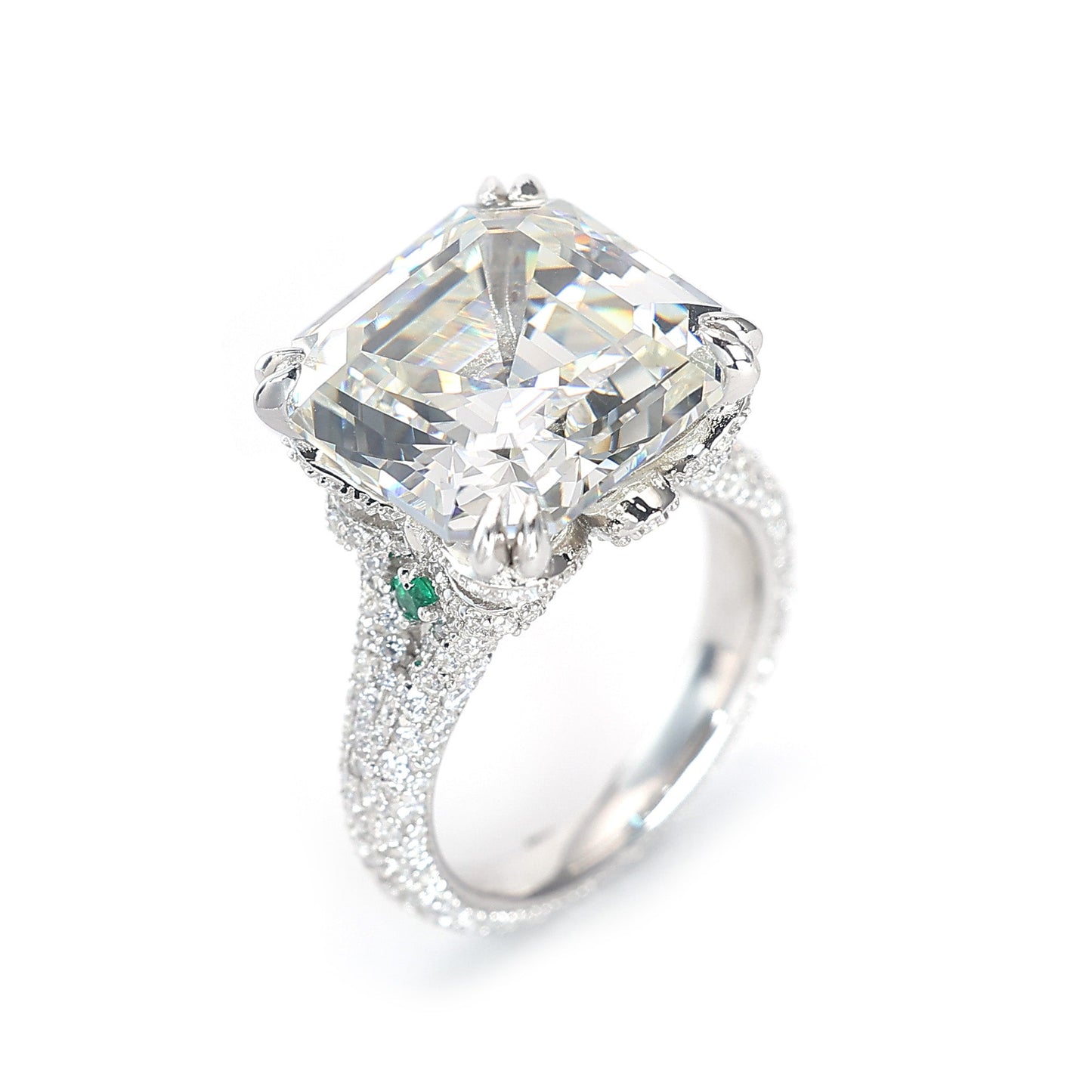 Micro-setting D color Asscher cut luxurious diamond color Lab created stones Court style ring, sterling silver. (25 carat) #1261