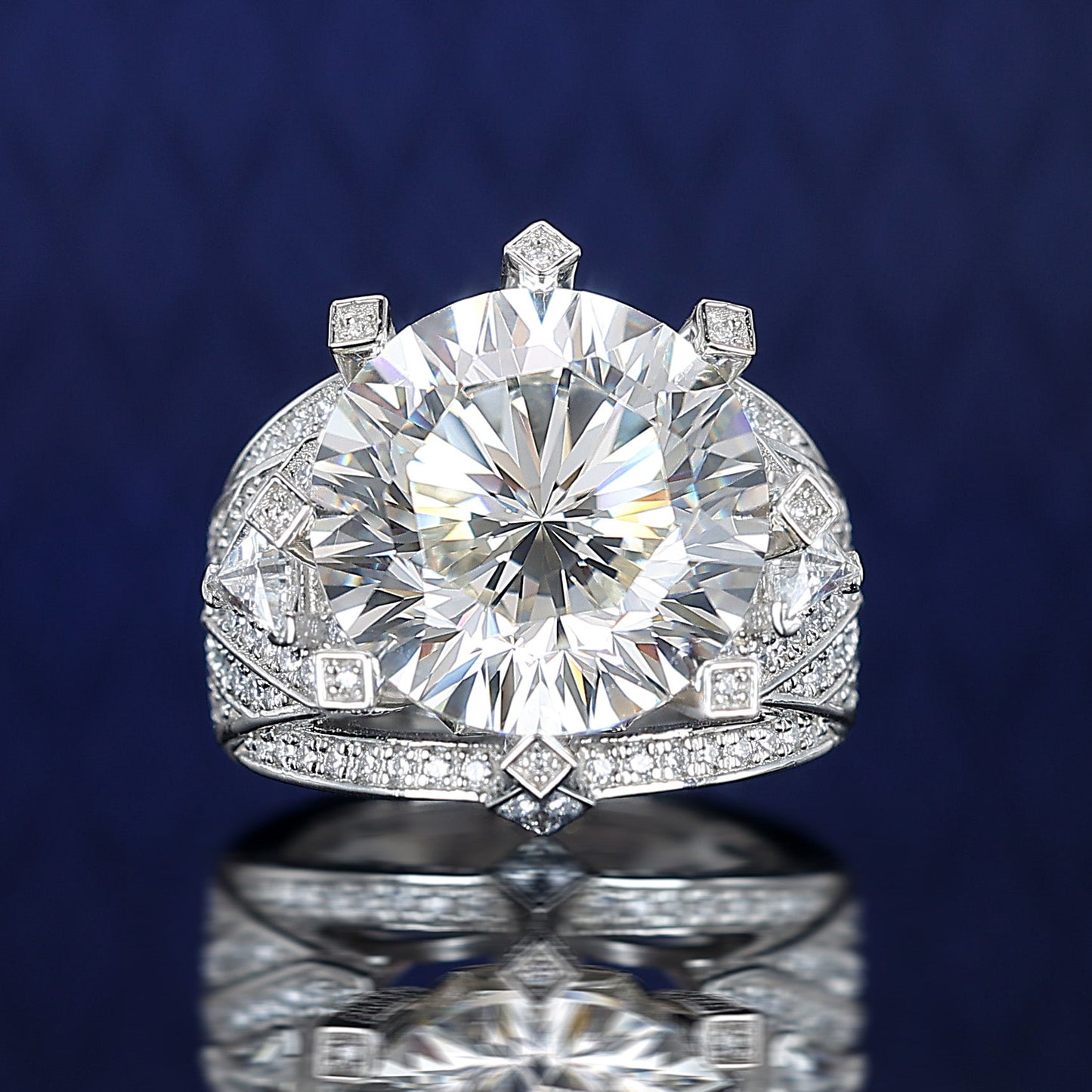 #1271 Micro-setting brilliant diamond color Lab created stones 8 prong Court style ring, sterling silver. (15 carat)