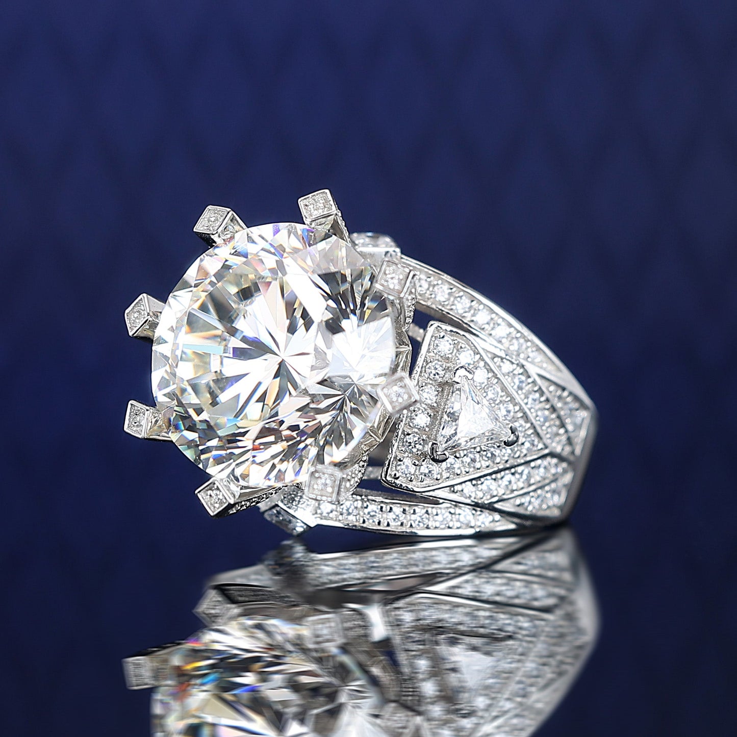 #1271 Micro-setting brilliant diamond color Lab created stones 8 prong Court style ring, sterling silver. (15 carat)