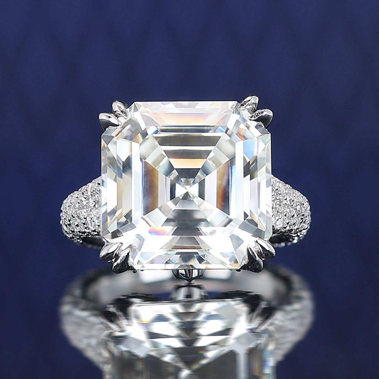 Micro-setting D color Asscher cut luxurious diamond color Lab created stones Court style ring, sterling silver. (25 carat) #1261