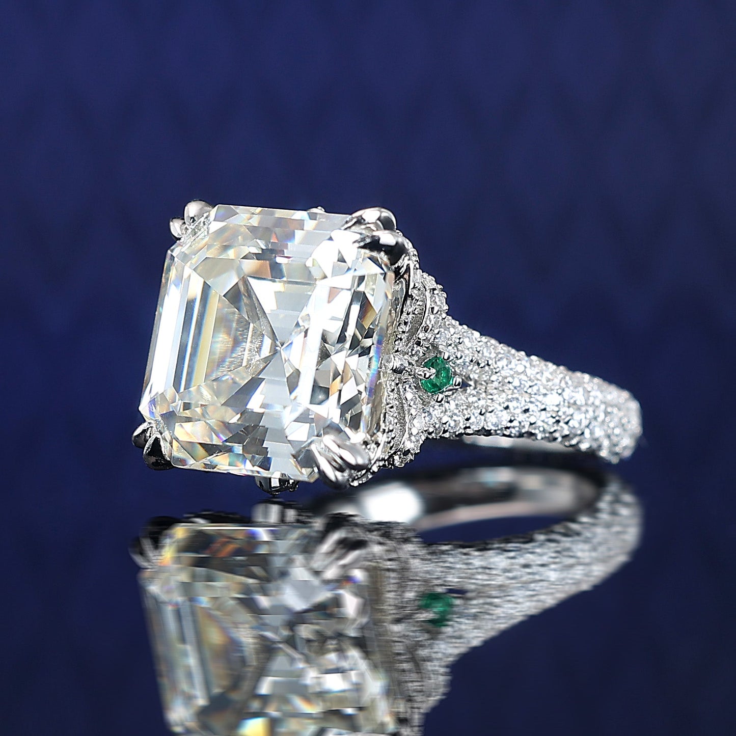 Micro-setting D color Asscher cut luxurious diamond color Lab created stones Court style ring, sterling silver. (25 carat) #1261