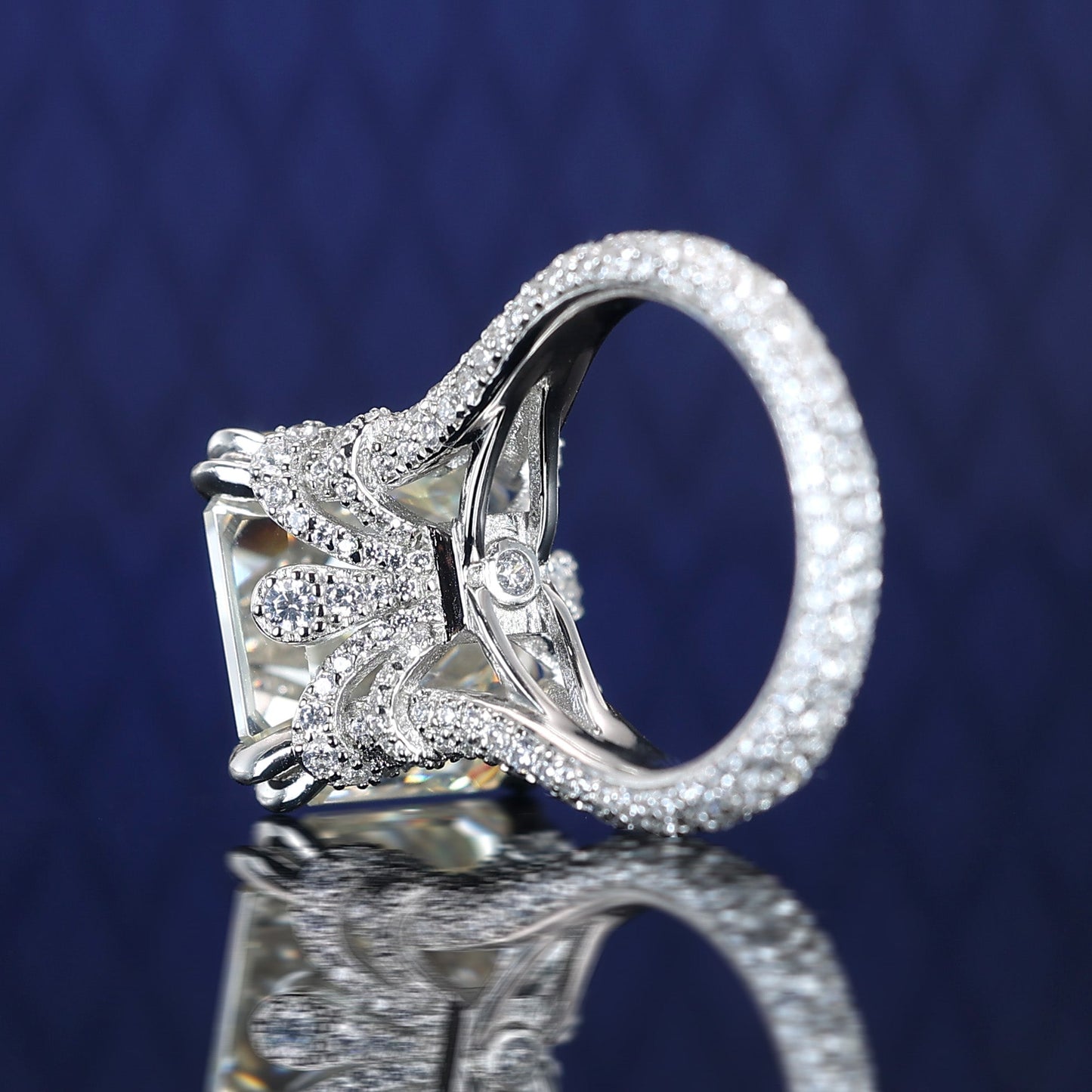Micro-setting D color Asscher cut luxurious diamond color Lab created stones Court style ring, sterling silver. (25 carat) #1261