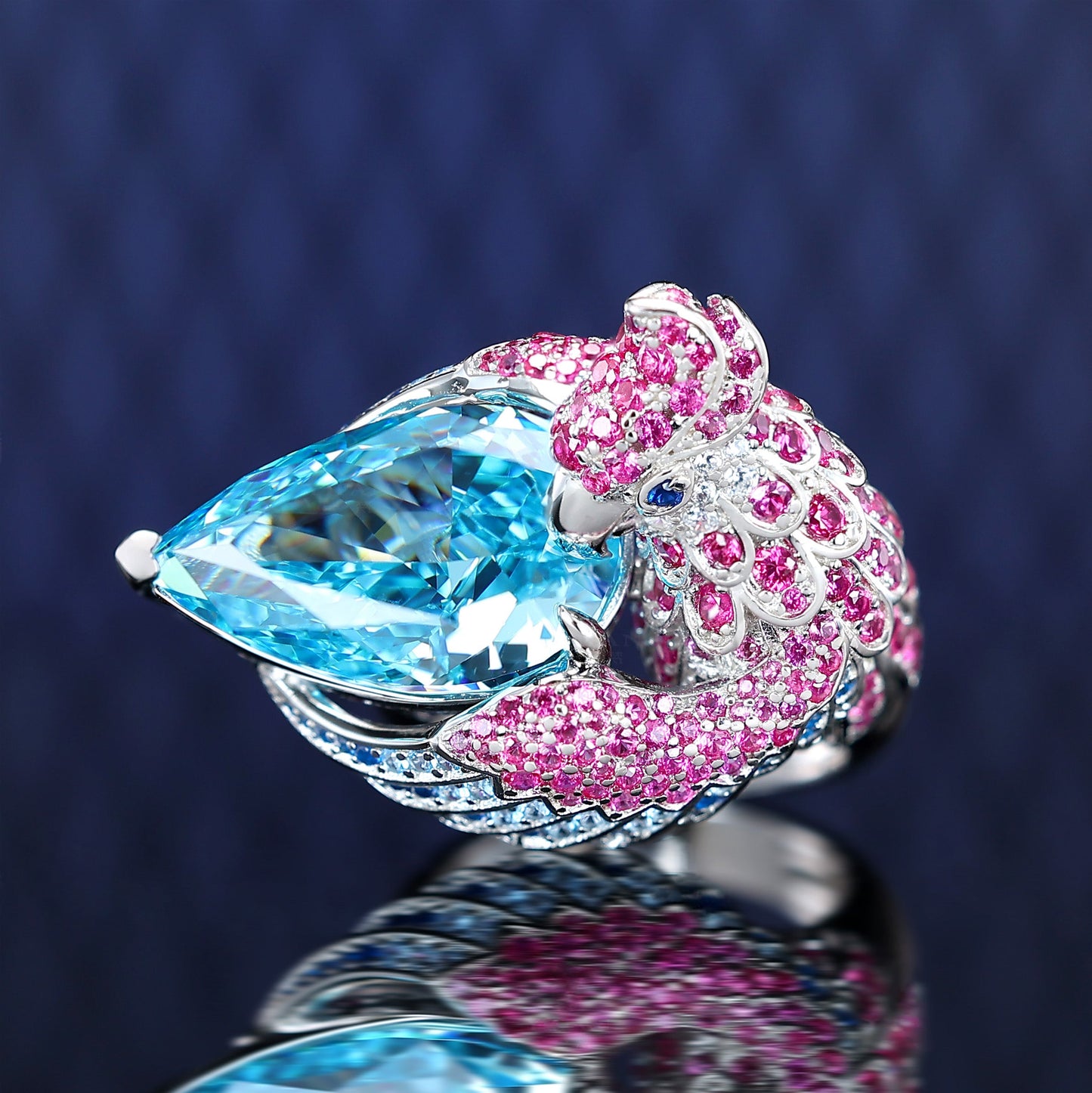 Micro-setting Aquamarine color Lab created stones fancy parrot ring,sterling silver