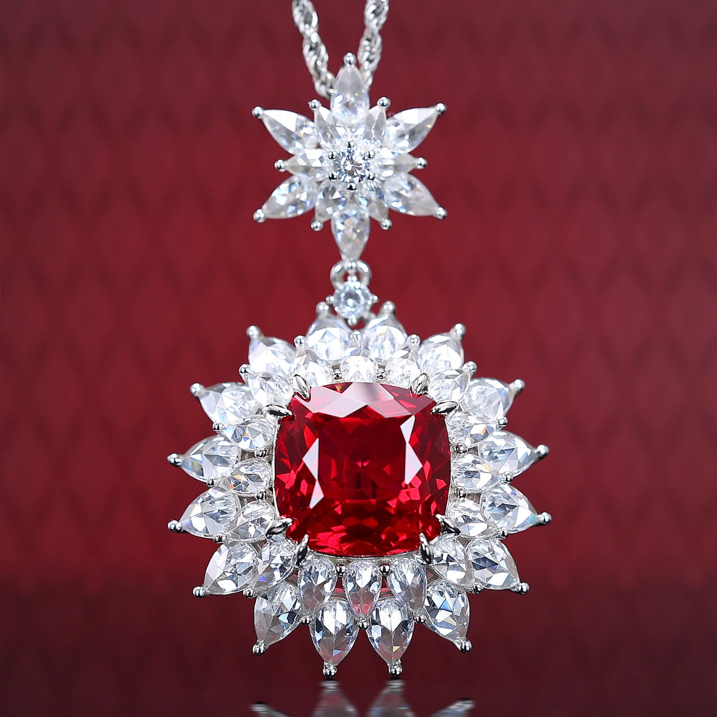 Micro-setting Ruby color Lab created stones Fancy sunflower pendant, sterling silver. 14 carat