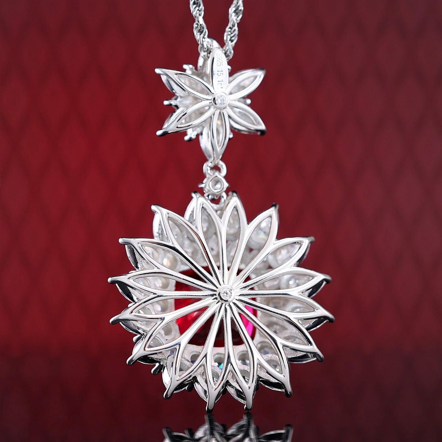 Micro-setting Ruby color Lab created stones Fancy sunflower pendant, sterling silver. 14 carat