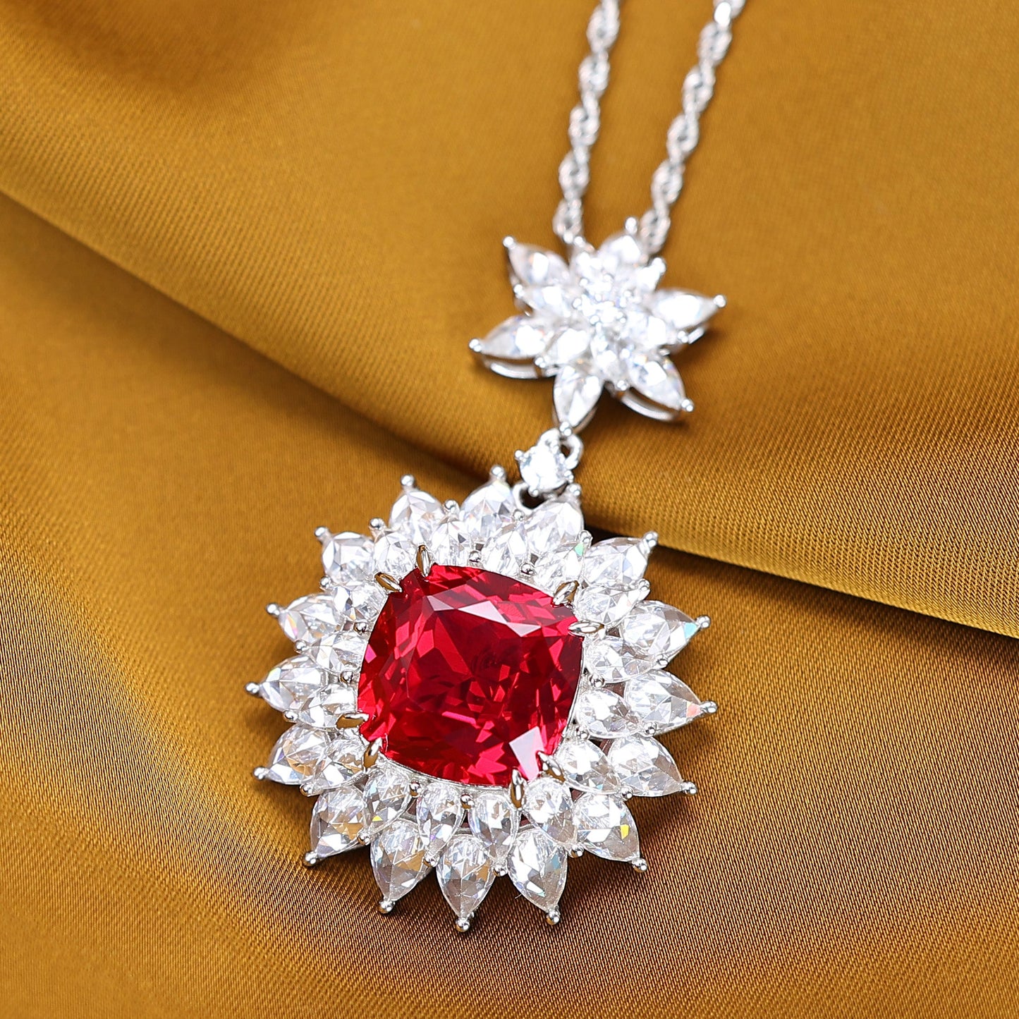 Micro-setting Ruby color Lab created stones Fancy sunflower pendant, sterling silver. 14 carat