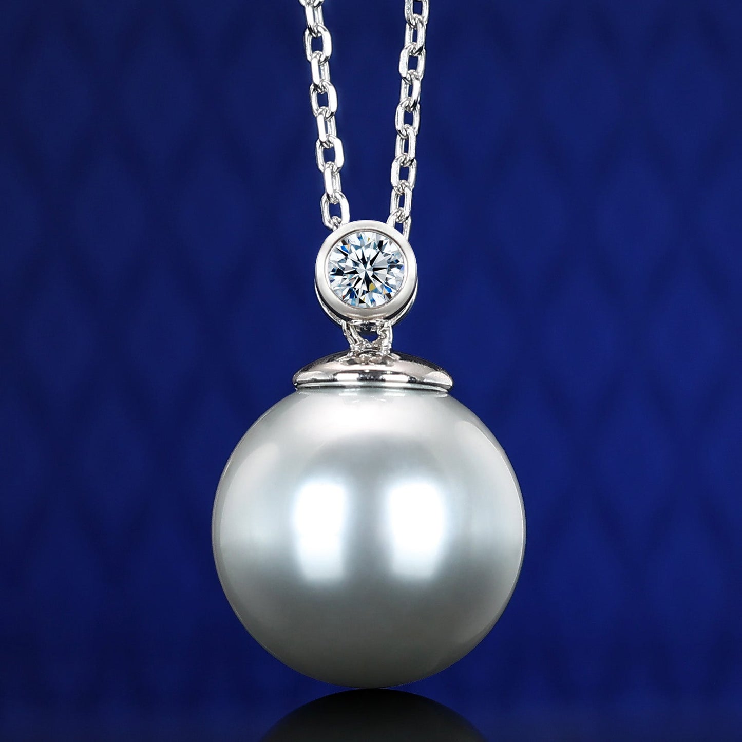 Micro-setting lab created stones Light grey Shell Pearl Classic necklace, sterling silver.