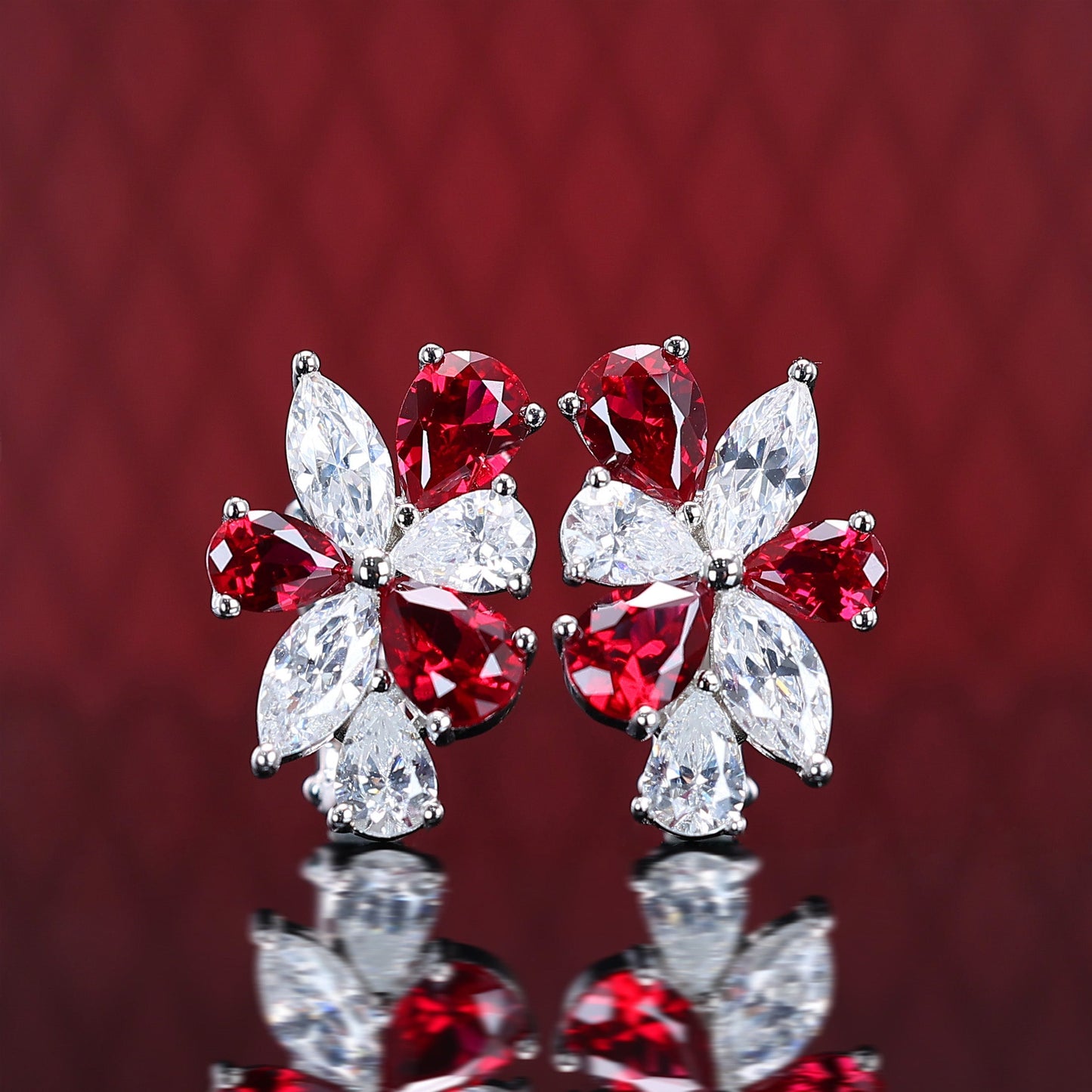 Micro-setting Ruby and diamond color Lab created stones waterdrops petal earrings, sterling silver