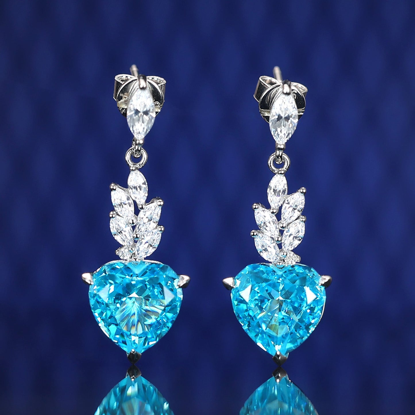 Micro-setting aquamarine color Lab created stones The heart of Cupid earrings, sterling silver