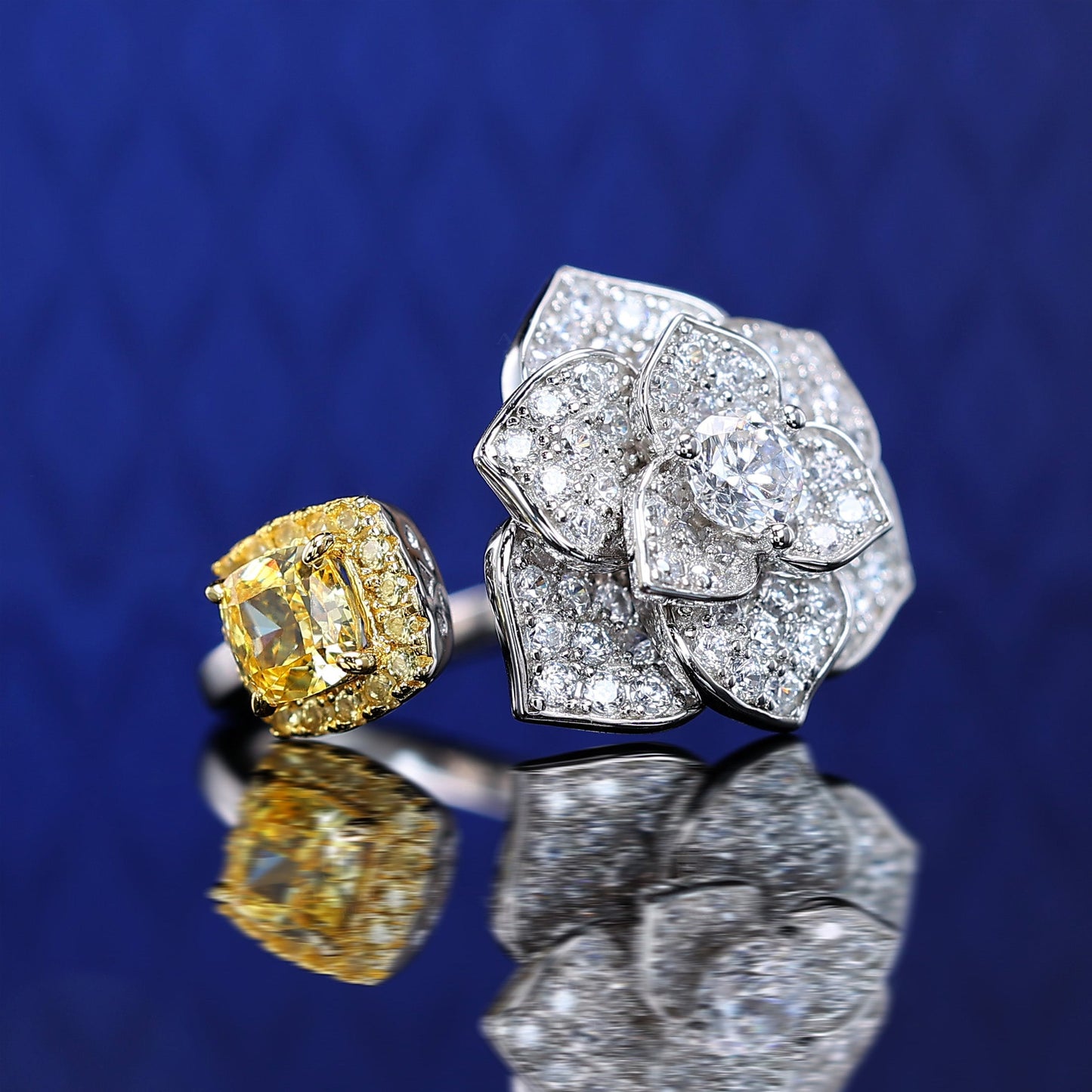 Micro-setting Yellow diamond color Lab created stones Camellia open ring, sterling silver