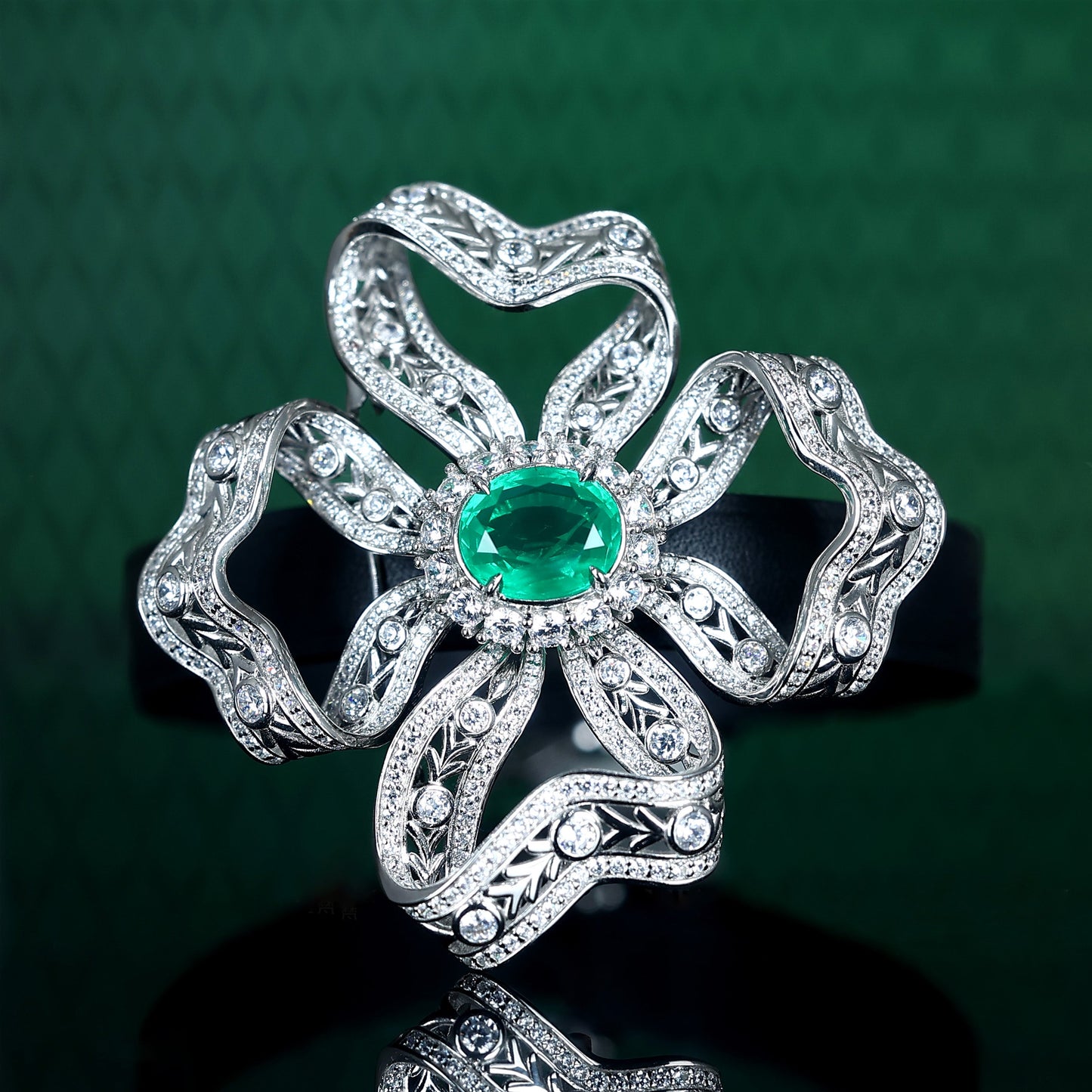 Micro-setting Emerald color Lab created stones artistic Multipurpose Time flower brooch and belt bracelet, sterling silver.