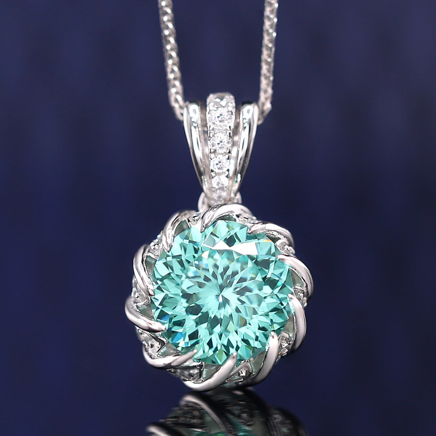 Micro-setting Paraiba color Lab created stones luxurious inlaid Lotus necklace,sterling silver