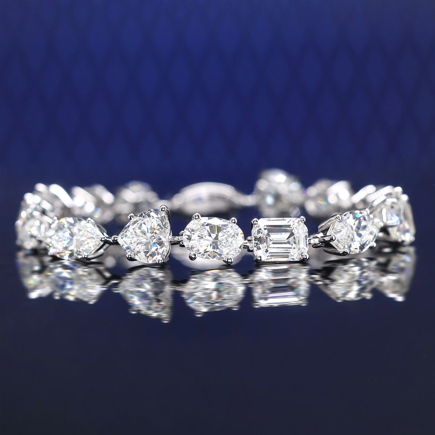 Micro-setting pigeone egg, heart shape and emerald cutting Lab created stones fully studded fancy bracelet