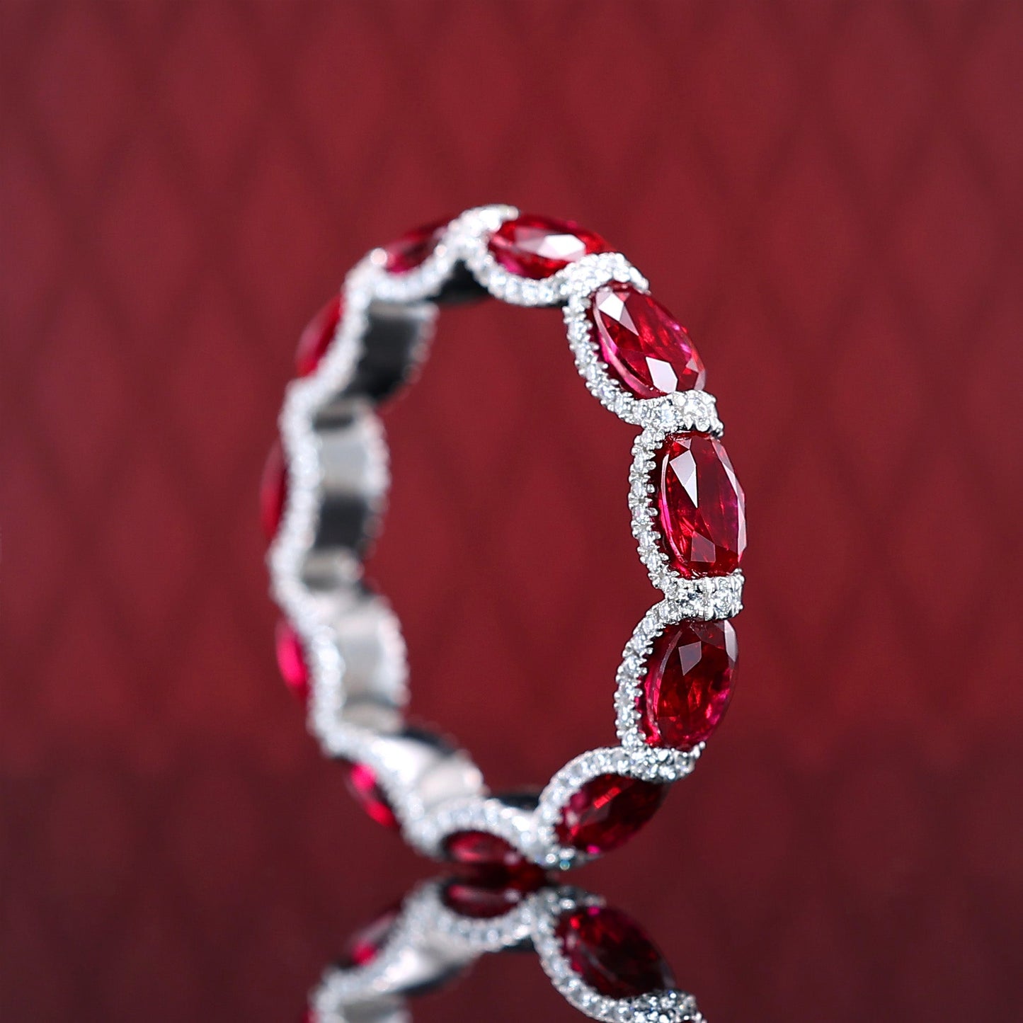 Micro-setting Ruby color Lab created stones detailed band ring, sterling silver