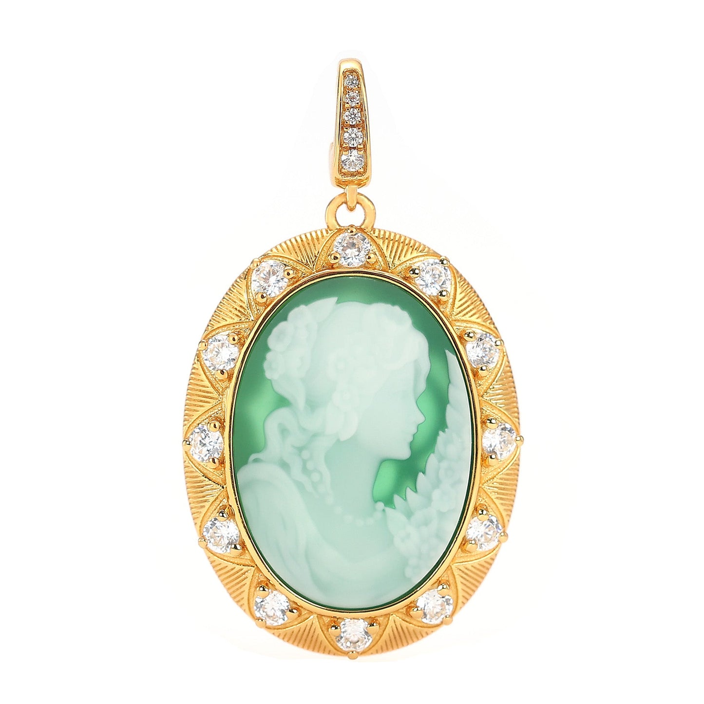 Fancy detailed Cameo agate princess pendant, sterling silver. 18K yellow gold platting
