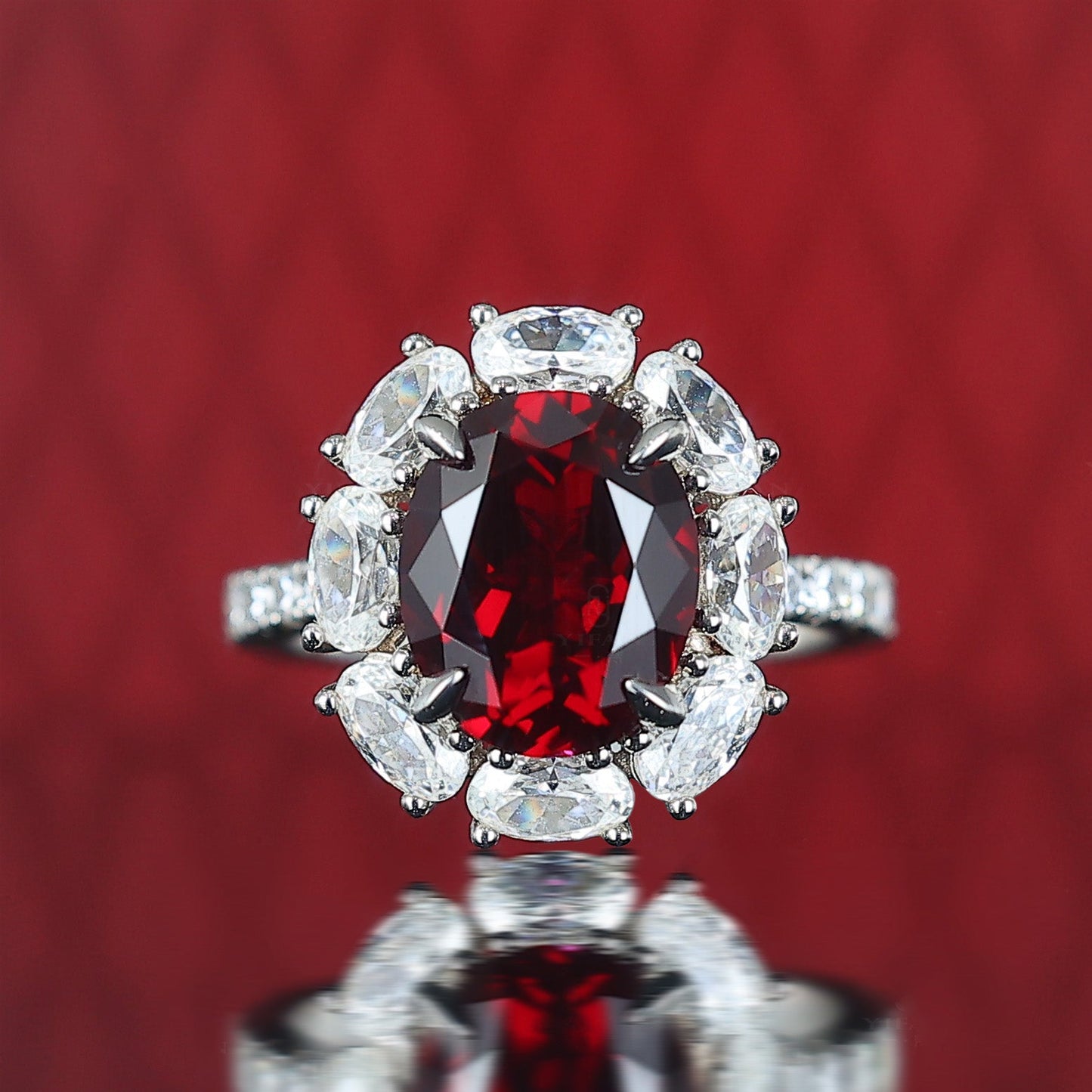 Promotional design Micro-setting Ruby color Lab created stones Diana ring, sterling silver. (5 carat)