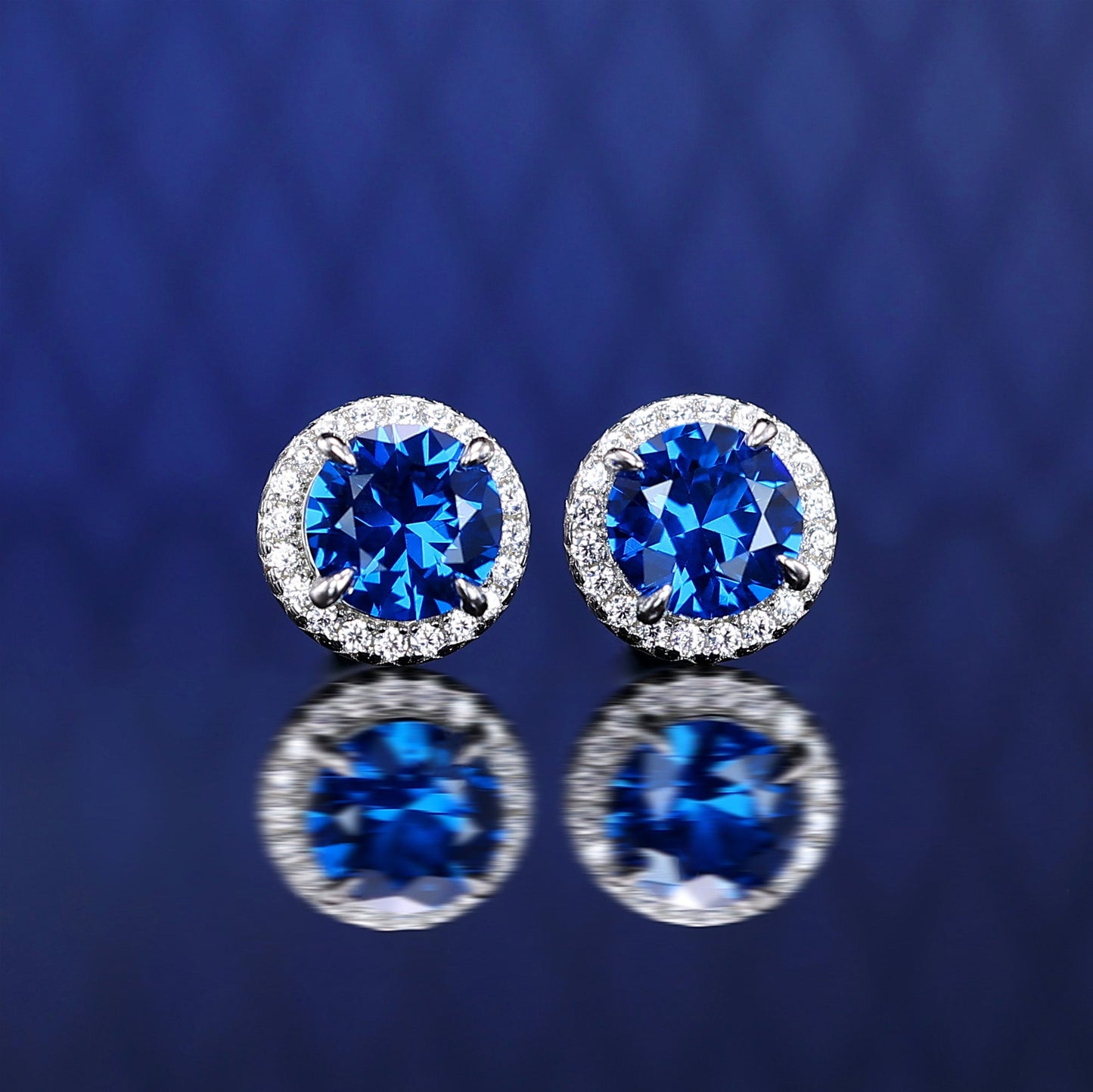Micro-setting Sapphire color Firework-cut round shape lab created stones ear studs, sterling silver, (2 carat)