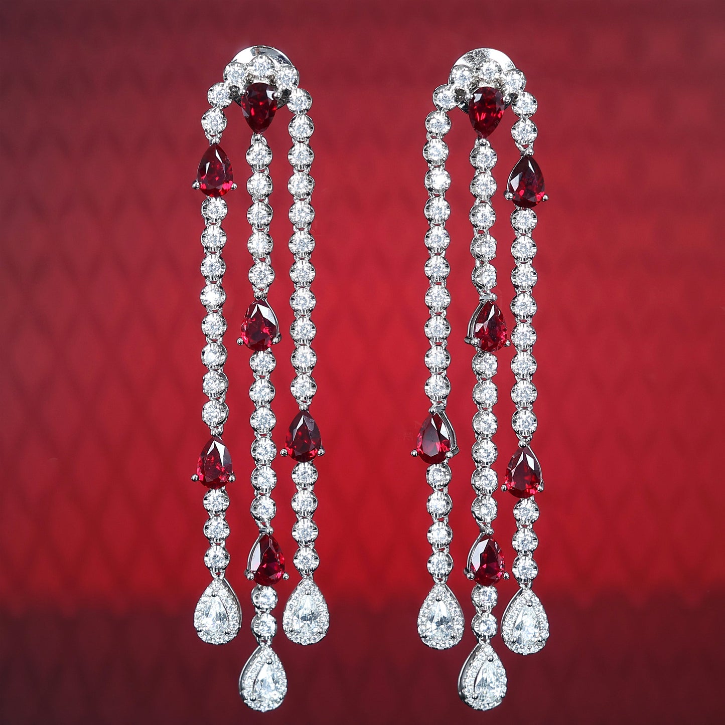Micro-setting water drop Ruby color bubble chain tassel earrings, sterling silver