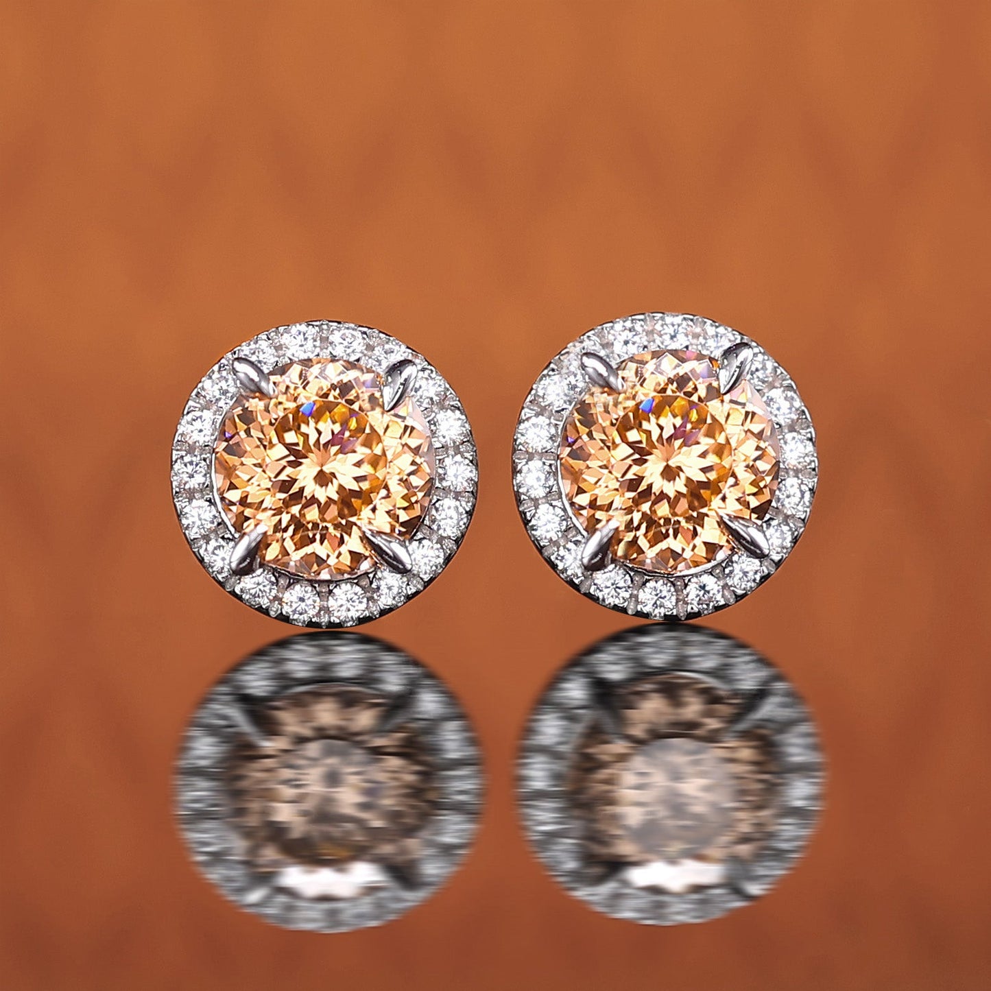 Micro-setting Fanta color Firework-cut lab created stones round shape ear studs, sterling silver, (2 carat)
