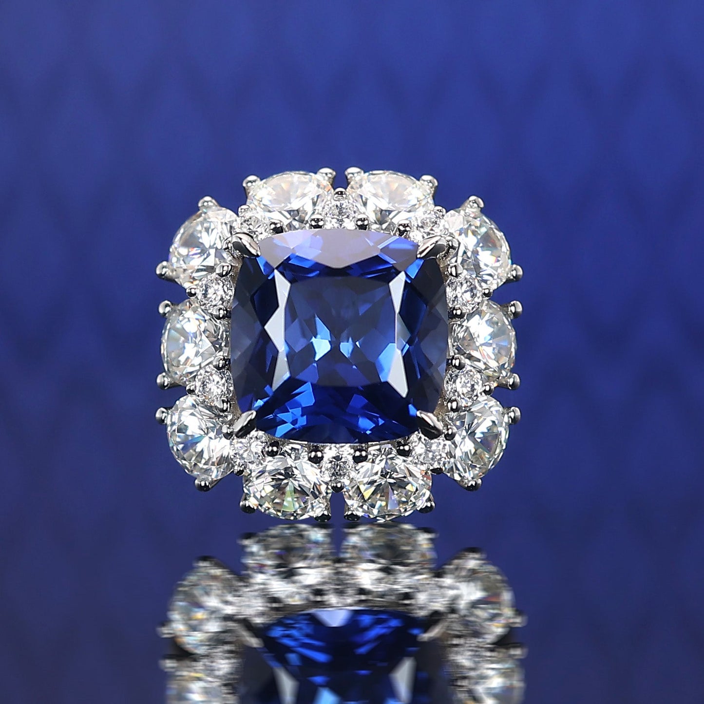 Micro-setting Sapphire color Lab created stones square cube ring, sterling silver #1215