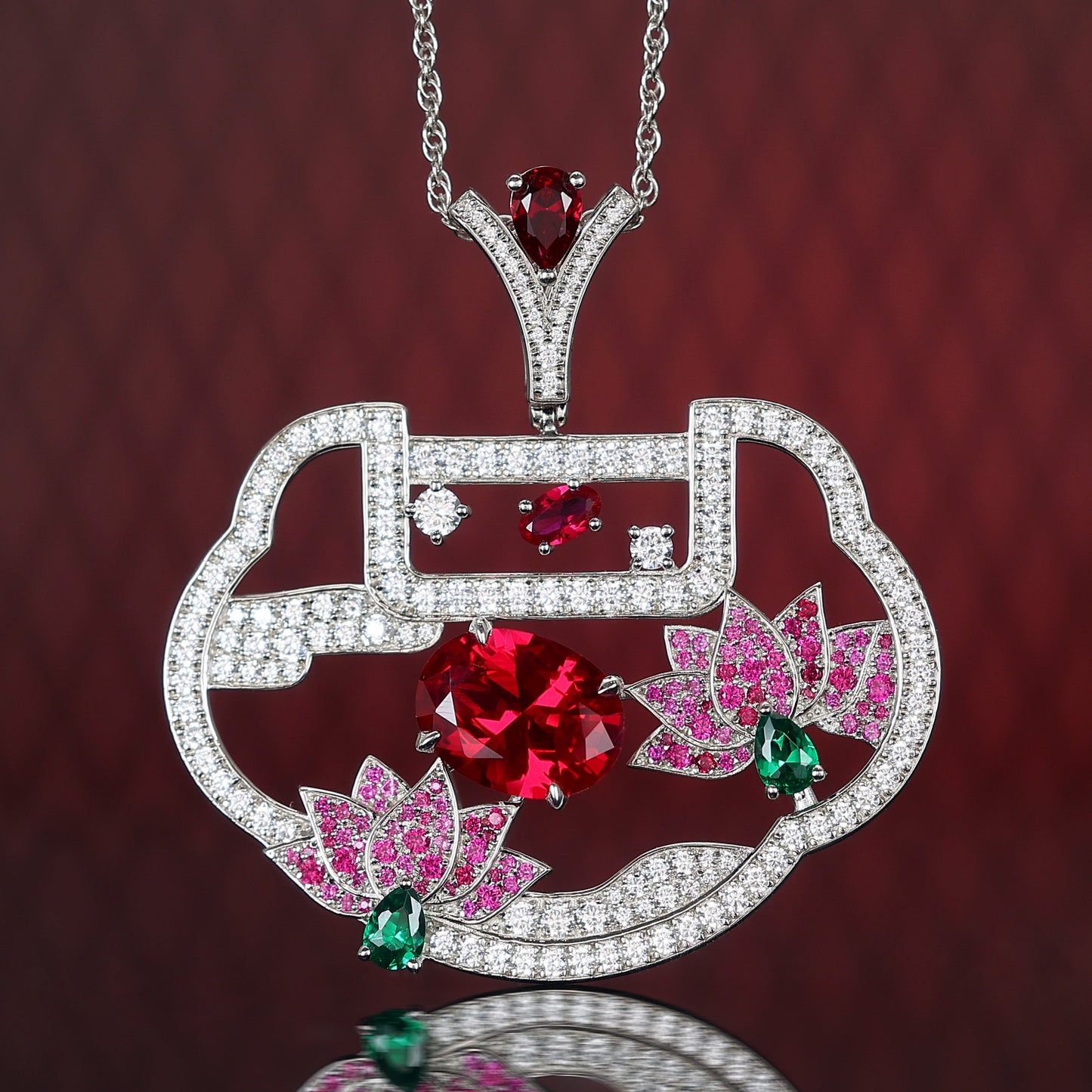 Promotional design Micro-setting Ruby color lab created stones Red Ruyi lotus pendant, sterling silver