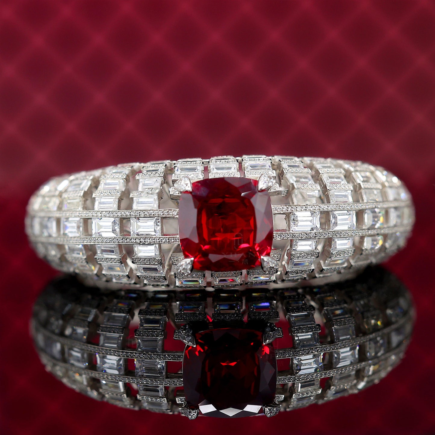 Micro-setting Ruby color Lab created stones Art deco bangle, sterling silver