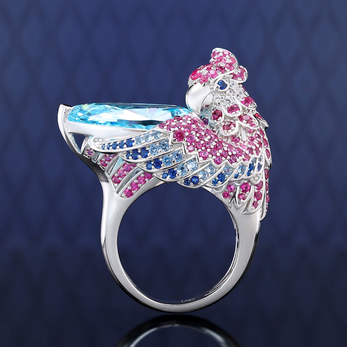 Micro-setting Aquamarine color Lab created stones fancy parrot ring,sterling silver